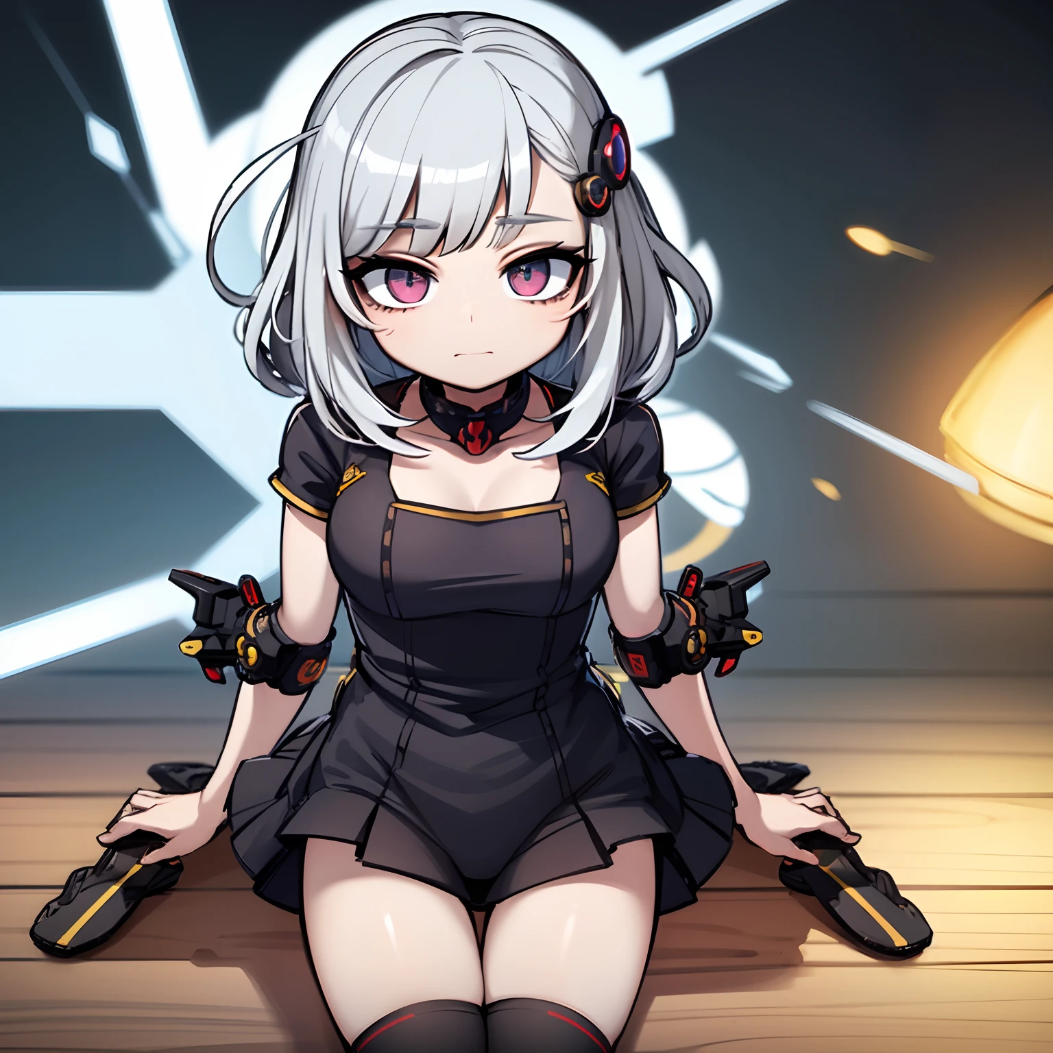Young woman cheongsam illustration, masutepiece, Fine details, 4K, 8K, 12K, Solo, 1 person, Beautiful Girl, caucasian female, age19、Sixteen Nights 、Silver hair, short, Black cheongsam、Black gloves、Slit in clothes