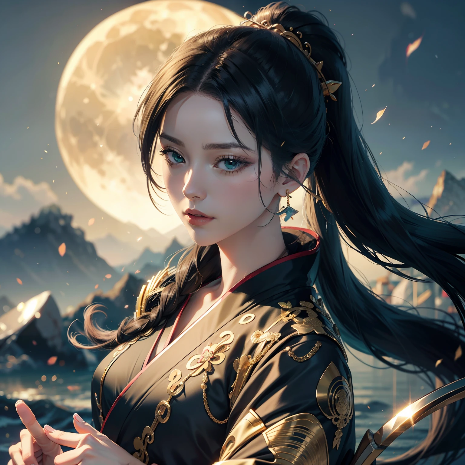 watching at viewers、moon in background、poneyTail、Woman with shiny black hair、green eyes, {{{Luxury kimono(Black kimono(Detailed golden embroidery,))}}}、face perfect,Depict a beautiful and graceful woman of Japan。Heart in the eye。full body Esbian。 Beautiful anime art wallpaper 8k, beautiful fantasy anime, Beautiful anime, Detailed anime artwork.Blur the background with a sickle,((masutepiece)), ((Best Quality))