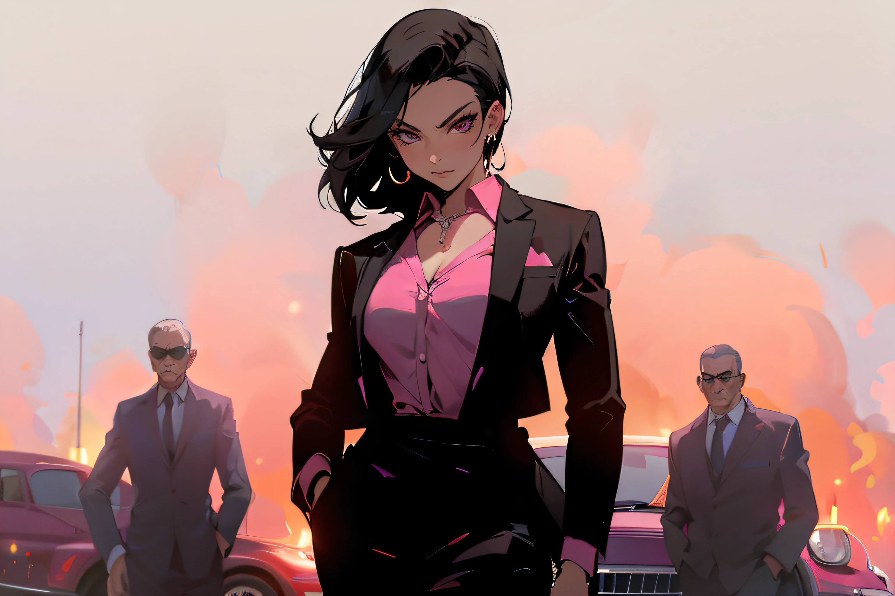 sexy mob boss, formal pink outfit, black hair, mean look