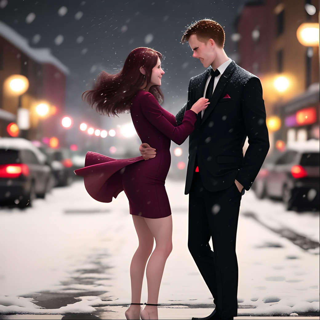 Woman and man standing on a sidewalk. He has just twirled her as if they were dancing and is now dipping her slightly. They are embracing together as if they have just finished dancing and look in love. It's night time and it's snowing. The man is clean shaven. it's a modern setting, they are wearing modern formal clothes. They both have coats on, his is maroon hers is dark green and long, you can tell that she is wearing a shorter dress underneath and heels.