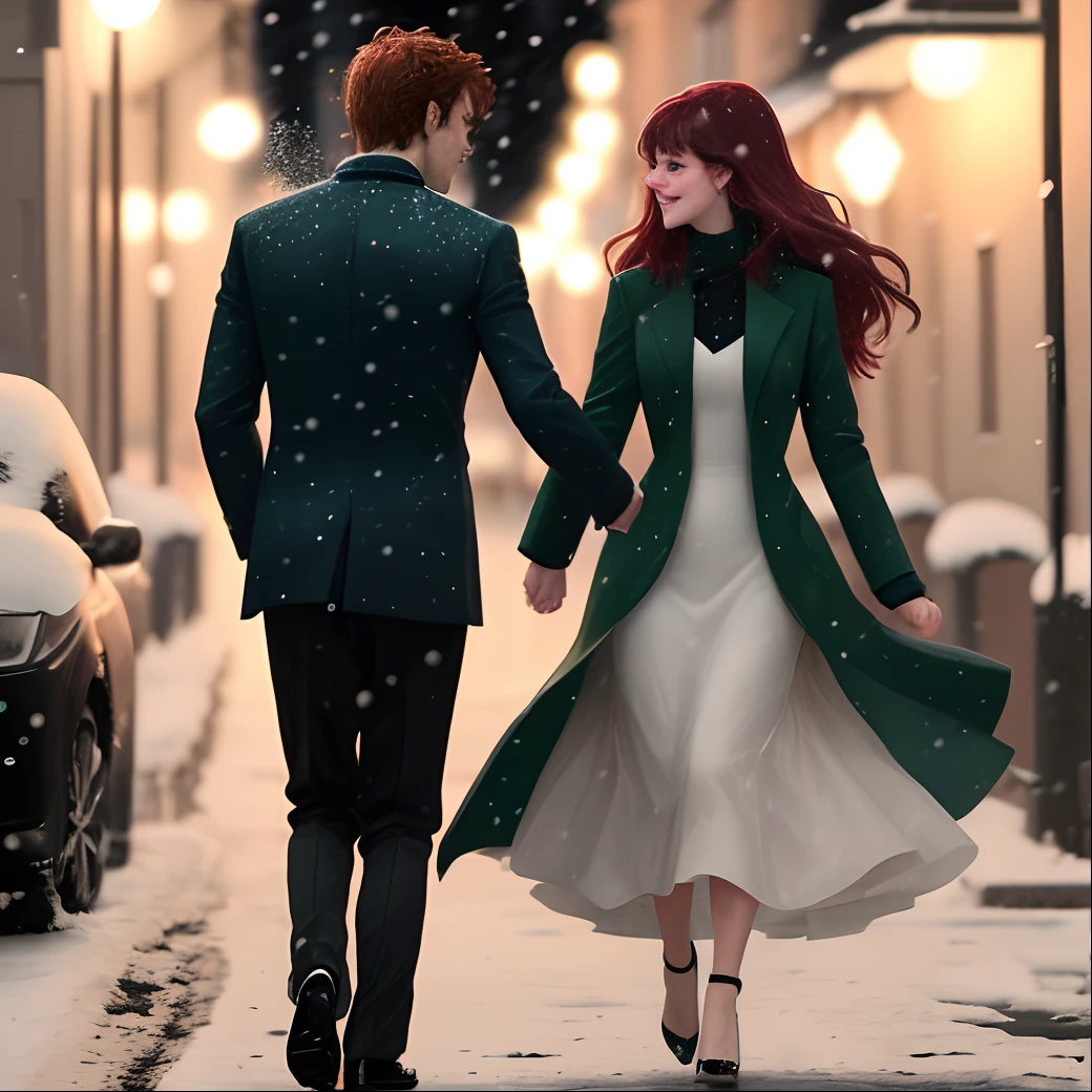 Woman and man standing on a sidewalk. He has just twirled her as if they were dancing and is now dipping her slightly. They are embracing together as if they have just finished dancing and look in love. It's night time and it's snowing. The man is clean shaven. it's a modern setting, they are wearing modern formal clothes. They both have coats on, his is maroon hers is dark green and long, you can tell that she is wearing a shorter dress underneath and heels.