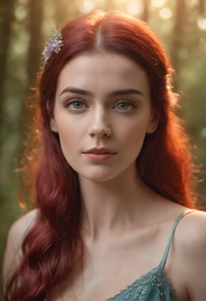 (best quality,4k,8k,Alto,master part:1.2),ultra-detalhado,(Realistic,fotorrealista,photo-realistic:1.37),Female with bright teary eyes,rainbow colored hair,Casting Brilliant Spells,mystic forest,illustration,atmosfera encantada,cores vibrantes,soft lighting