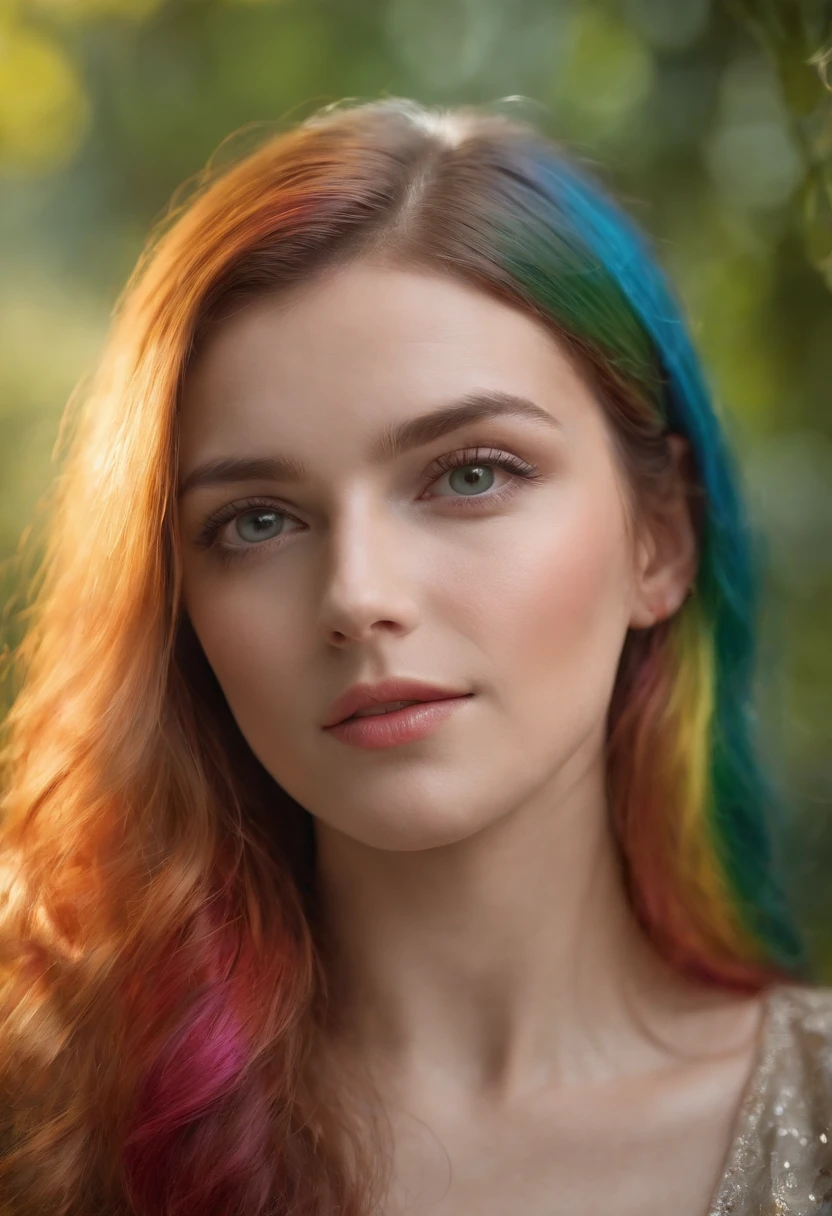 (best quality,4k,8k,Alto,master part:1.2),ultra-detalhado,(Realistic,fotorrealista,photo-realistic:1.37),Female with bright teary eyes,rainbow colored hair,Casting Brilliant Spells,mystic forest,illustration,atmosfera encantada,cores vibrantes,soft lighting