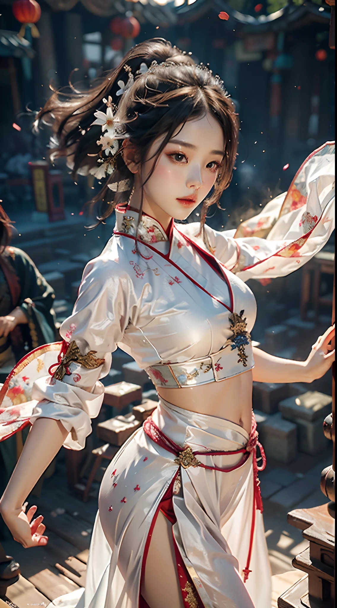 nsfw, zhongfenghua, 1girl, waist up, solo, hanfu, ancient_chinese_architecture, flower field, blossom, (white smoke:1.3) (photorealistic:1.4), zentangle, mandala, entangle, official art, unity 8k wallpaper, ultra detailed, beautiful and aesthetic, masterpiece,best quality, (dynamic angle:1.4), glowing skin, (floating colorful sparkles:1) the most beautiful form of chaos, elegant, a brutalist designed, vivid colours, romanticism depth of field exotic_dance, half_naked, dancing