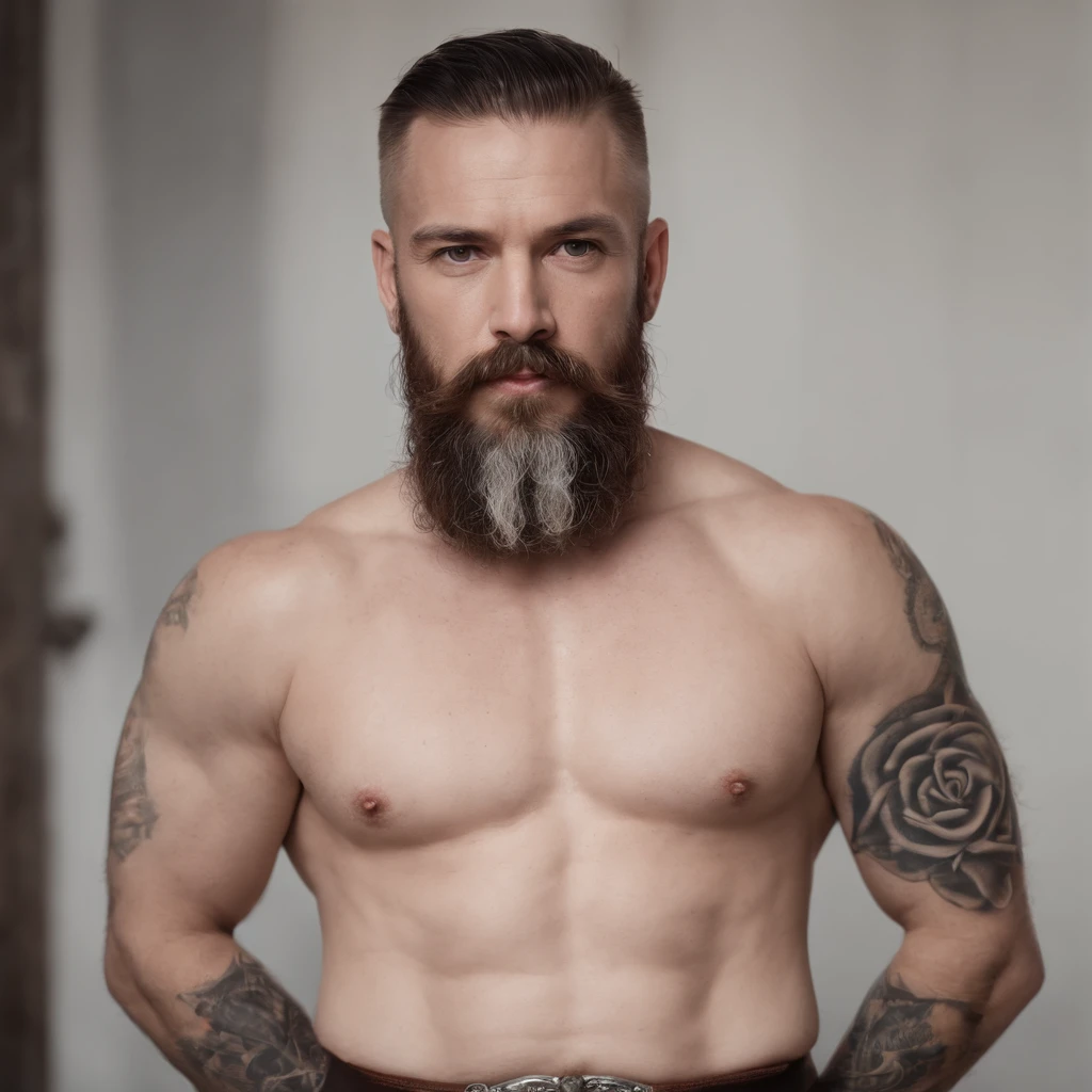 Homem de 50 anos com barba longa, usando um kilt ;Standing full body ; Celtic-inspired tattoos to cover the whole body; peito tatuado; Tattoed arms; pernas tattoed; high resolution, hiperdetalhado, Hyperealista, foco nítido, foto realista, detalhes intrincados, altamente detalhado sobre armas,