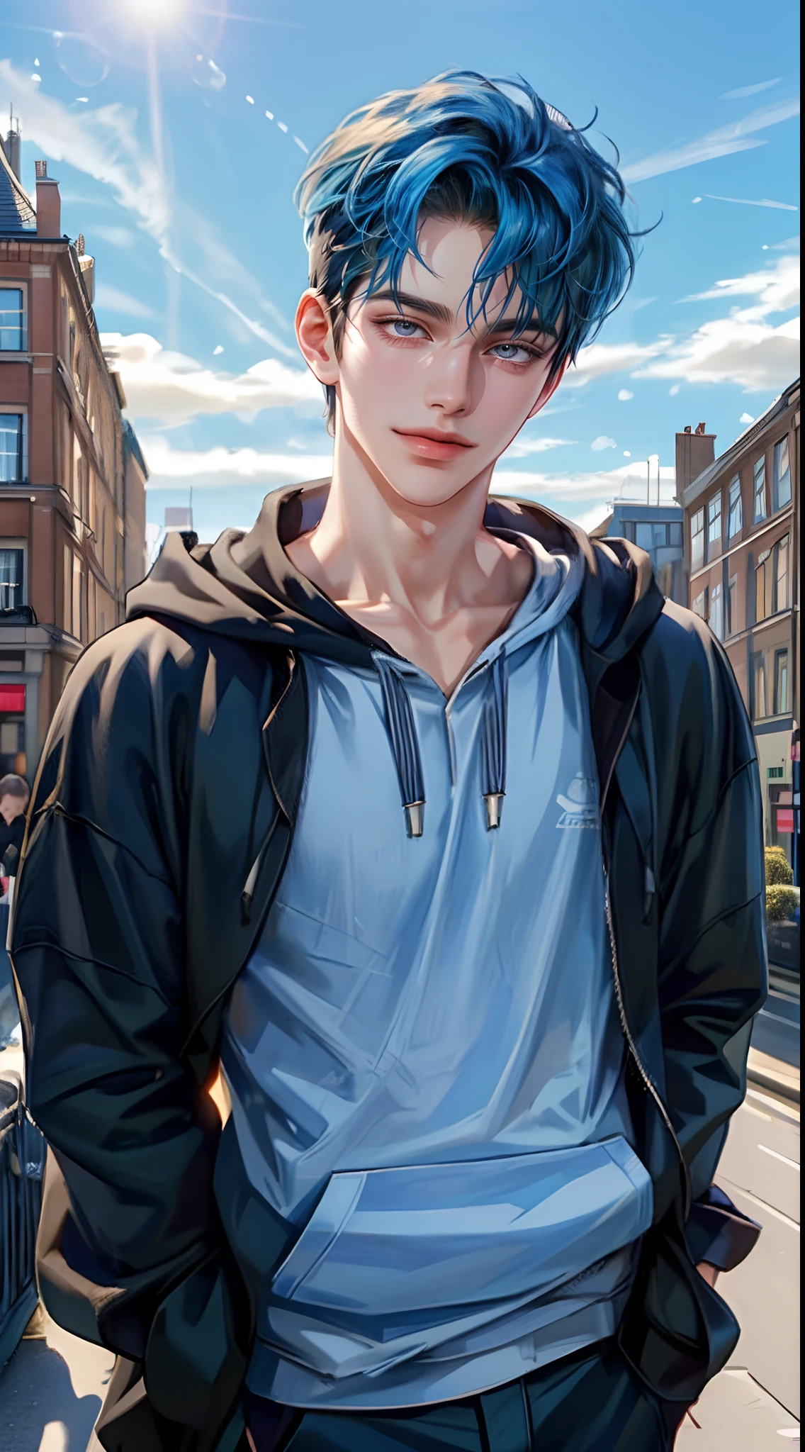 ((4K works))、​masterpiece、(top-quality)、One Beautiful Boy、Slim body、tall、((Attractive street style in black hoodie))、(Detailed beautiful eyes)、Fashionable British cities、Daytime city、((Walking through a city in the UK))、((Daytime bright sky))、((Cities in United Kingdom))、((Shot in UK cities))、mid night、((Short-haired bright blue hair))、((Smaller face))、((White eyes))、((American adult male))、((Adult male 26 years old))、((Cool Men))、((Like a celebrity))、((Smile showing teeth and smiling))、((Korean Makeup))、((elongated and sharp eyes))、((Happy dating))、((boyish))、((Upper body photography))、((Happy dating))、Professional Photos、((Shot alone))、((Shot from diagonally in front))、((Shot in close proximity to him))、((He is walking in front of the viewer))、((Focus zoom in))