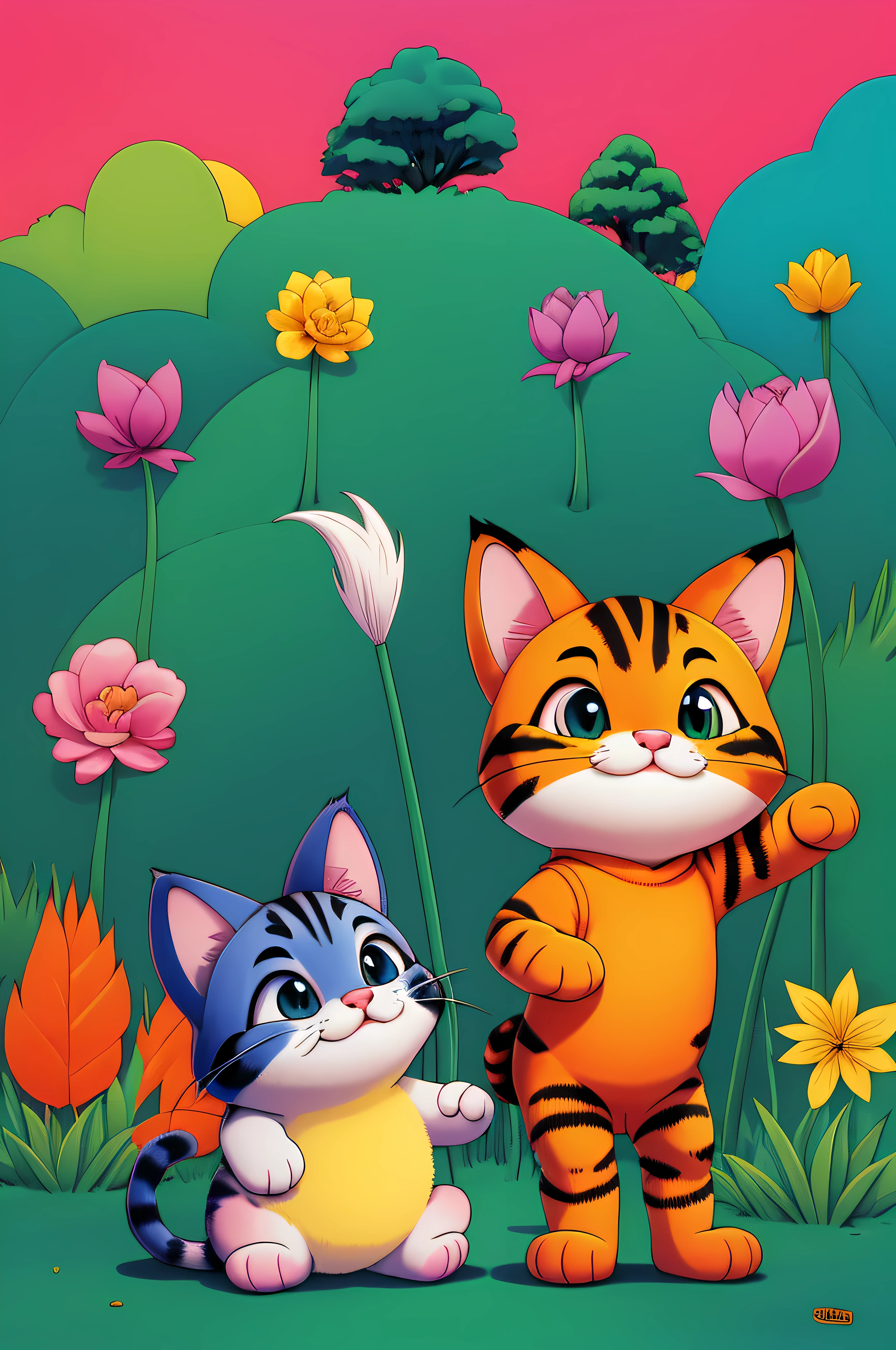 a kitten in the forest, cartoon style, thick lines, bright colors, distant image