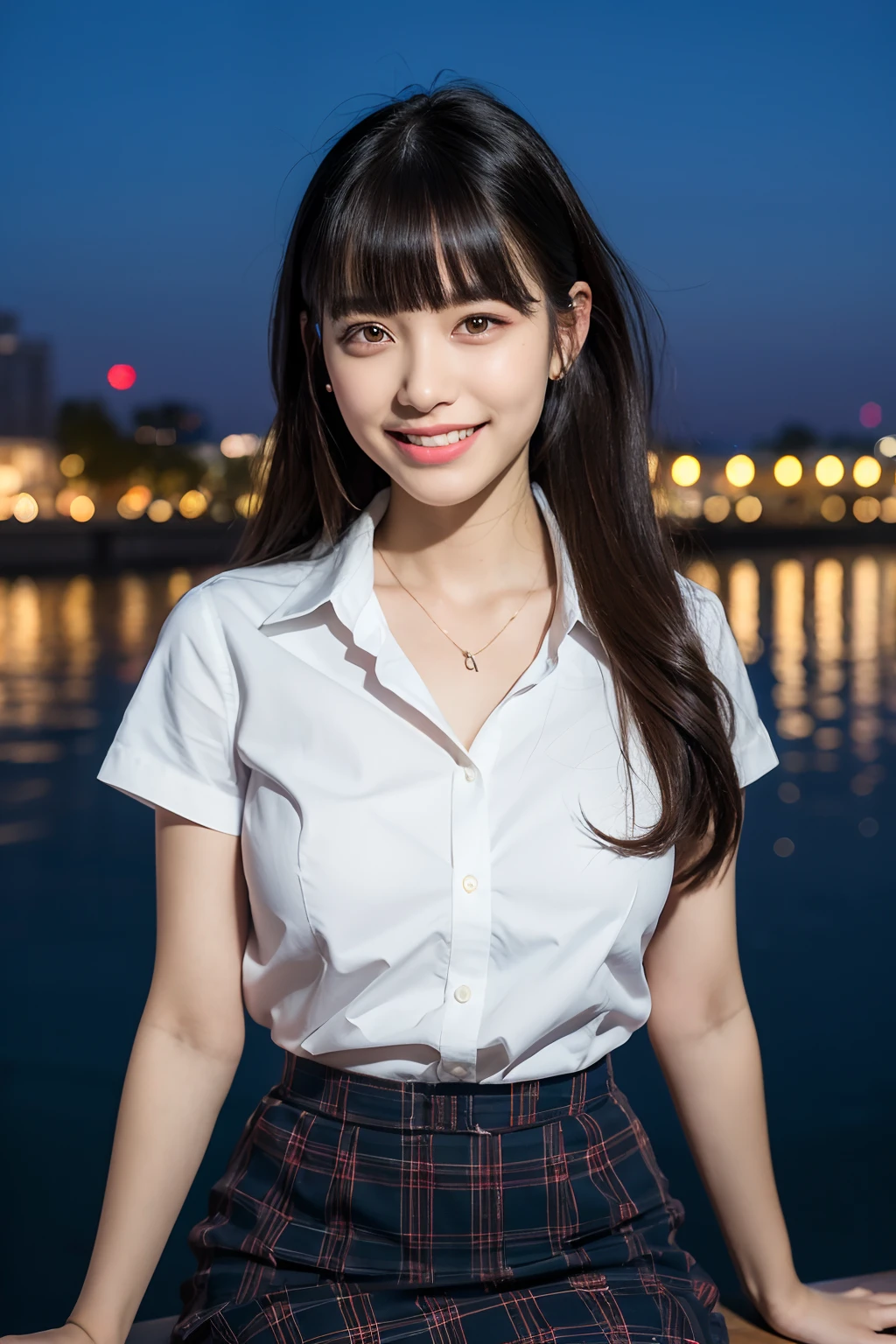 (8k, RAW photo, best quality, masterpiece:1.2), ultra detailed, ultra high res, (realistic, photo realistic:1.37), portrait, high detail RAW color photo, professional photograph, an extremely delicate and beautiful, extremely detailed, 8k wallpaper, Amazing, finely detail, huge file size, official art, extremely detailed CG unity 8k wallpaper,extremely detailed beautiful girl, extremely detailed face, extremely detailed eyes, extremely detailed skin, extremely detailed fingers, extremely detailed nose, extremely detailed mouth, perfect anatomy, highly detailed background, extremely detailed clothing, 1girl, (18 years old:1.2), teenage, cute girl, famous japanese idol, kawaii, (big breasts:1.2), realistic body, petite, fair skin, shiny skin, slender body, good figure, black hair, long straight hair, (blunt bangs:1.2), smile, cute, young, cute face, realistic face, beautifully detailed eyes, drooping eyes, (school uniform), (skirt:1.2), necklace, earrings, looking at viewer, dynamic posture, face the front, sitting posture, contrapposto, outdoors, (night:1.2), neon city, neon light, neon sign, dynamic lighting, HDR,
