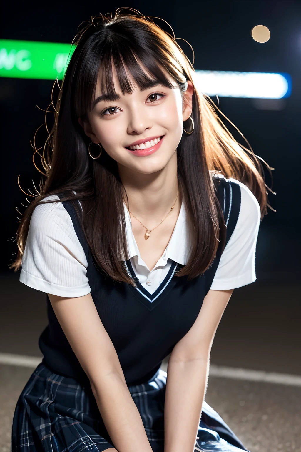 (8k, RAW photo, best quality, masterpiece:1.2), ultra detailed, ultra high res, (realistic, photo realistic:1.37), portrait, high detail RAW color photo, professional photograph, an extremely delicate and beautiful, extremely detailed, 8k wallpaper, Amazing, finely detail, huge file size, official art, extremely detailed CG unity 8k wallpaper,extremely detailed beautiful girl, extremely detailed face, extremely detailed eyes, extremely detailed skin, extremely detailed fingers, extremely detailed nose, extremely detailed mouth, perfect anatomy, highly detailed background, extremely detailed clothing, 1girl, (18 years old:1.2), age, cute girl, famous japanese idol, kawaii, (big breasts:1.2), realistic body, petite, fair skin, shiny skin, slender body, good figure, black hair, long straight hair, (blunt bangs:1.2), smile, cute, young, cute face, realistic face, beautifully detailed eyes, drooping eyes, (school uniform), (skirt:1.2), necklace, earrings, looking at viewer, dynamic posture, face the front, sitting posture, contrapposto, outdoors, (night:1.2), neon city, neon light, neon sign, dynamic lighting, HDR,