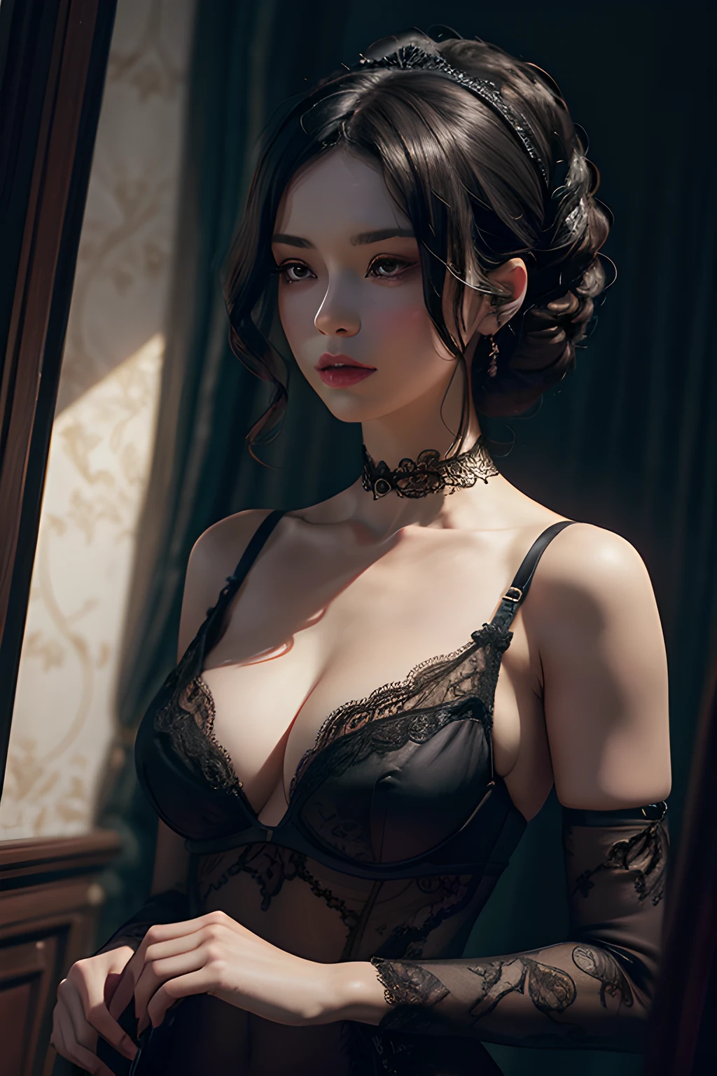 A mesmerizing digital painting capturing the essence of a stunningly beautiful lady in an ornate lace bra, immersed in a dark, smoky atmosphere. The scene should evoke the mystique of film noir, with sharp focus on the lace detailing, emphasizing its delicate texture. Drawing inspiration from the works of Tamara de Lempicka and Edward Hopper, create a captivating image that exudes an air of intrigue and sensuality, ideally suited for a cinematic view