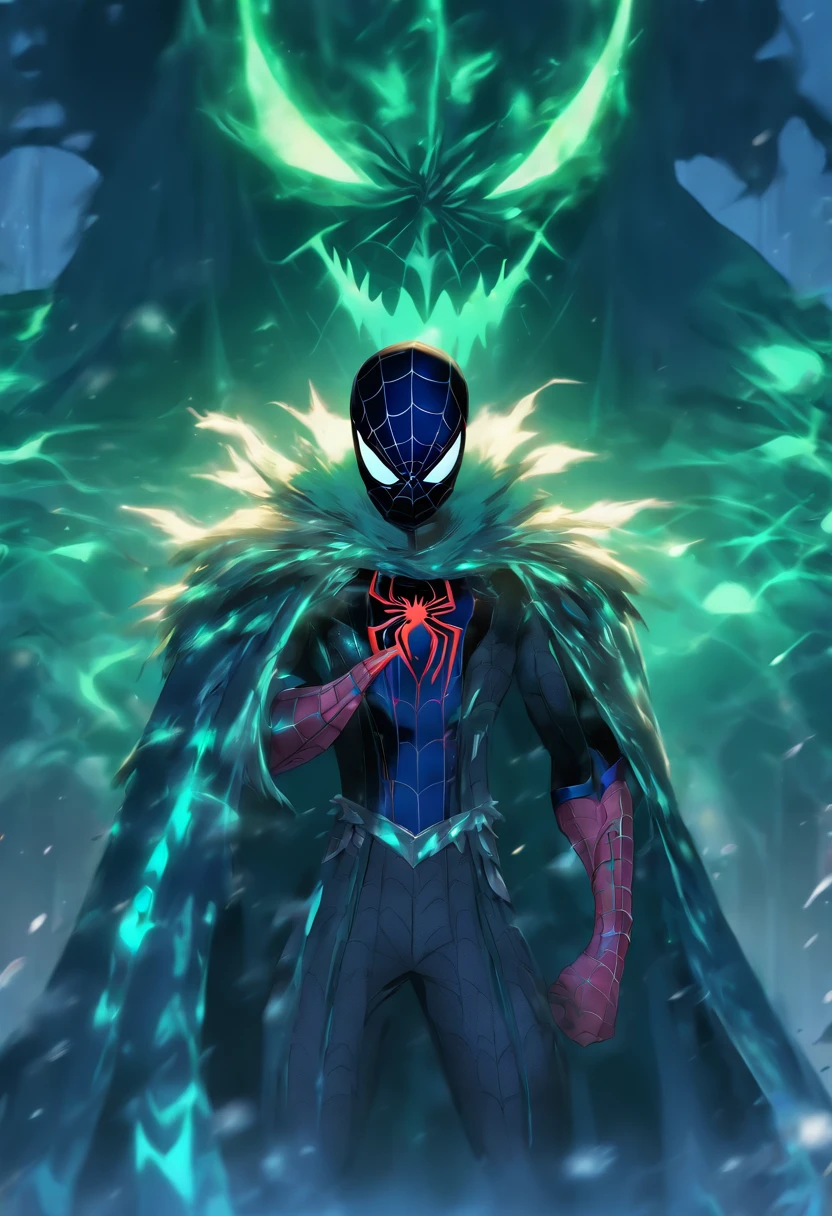 Spiderman fused with lich king, style niji 5HD, high-definition 8k, serious, standing, dark fantasy, darkness, cool, dynamic background,