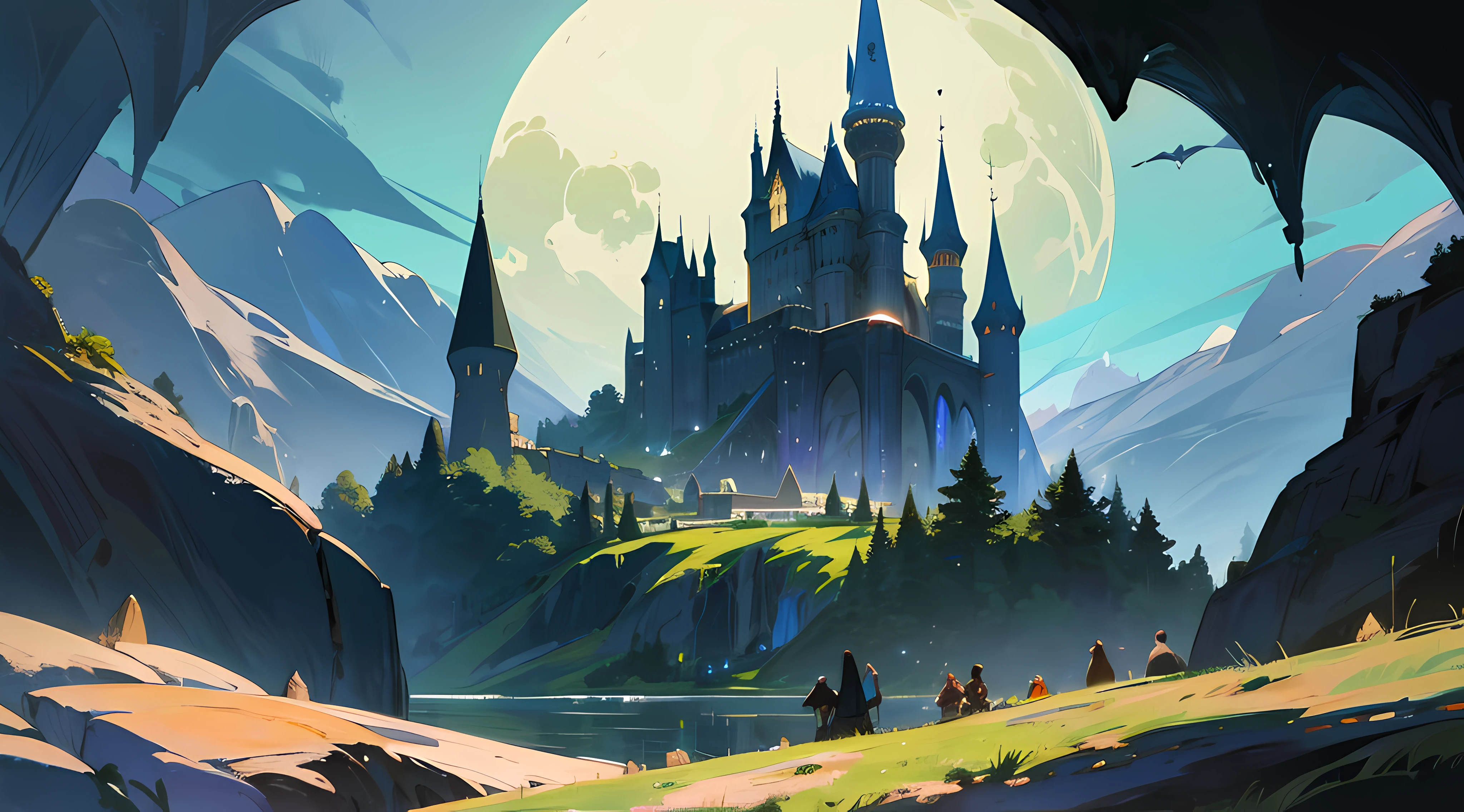 A castle poster with a full moon in the background, viewed from a cave, with a solid black background above and below. Close view with lake with reflection, detailed drawing inspired by gaston bussiere, shutterstock, fantasy art, enchanted castle, enchanted background, art of harry potter, highly detailed magical fantasy, scary castle)). mystical, background hogwarts, hogwarts setting, magic castle school on the hill, fairytale painting, magical composition, night scene