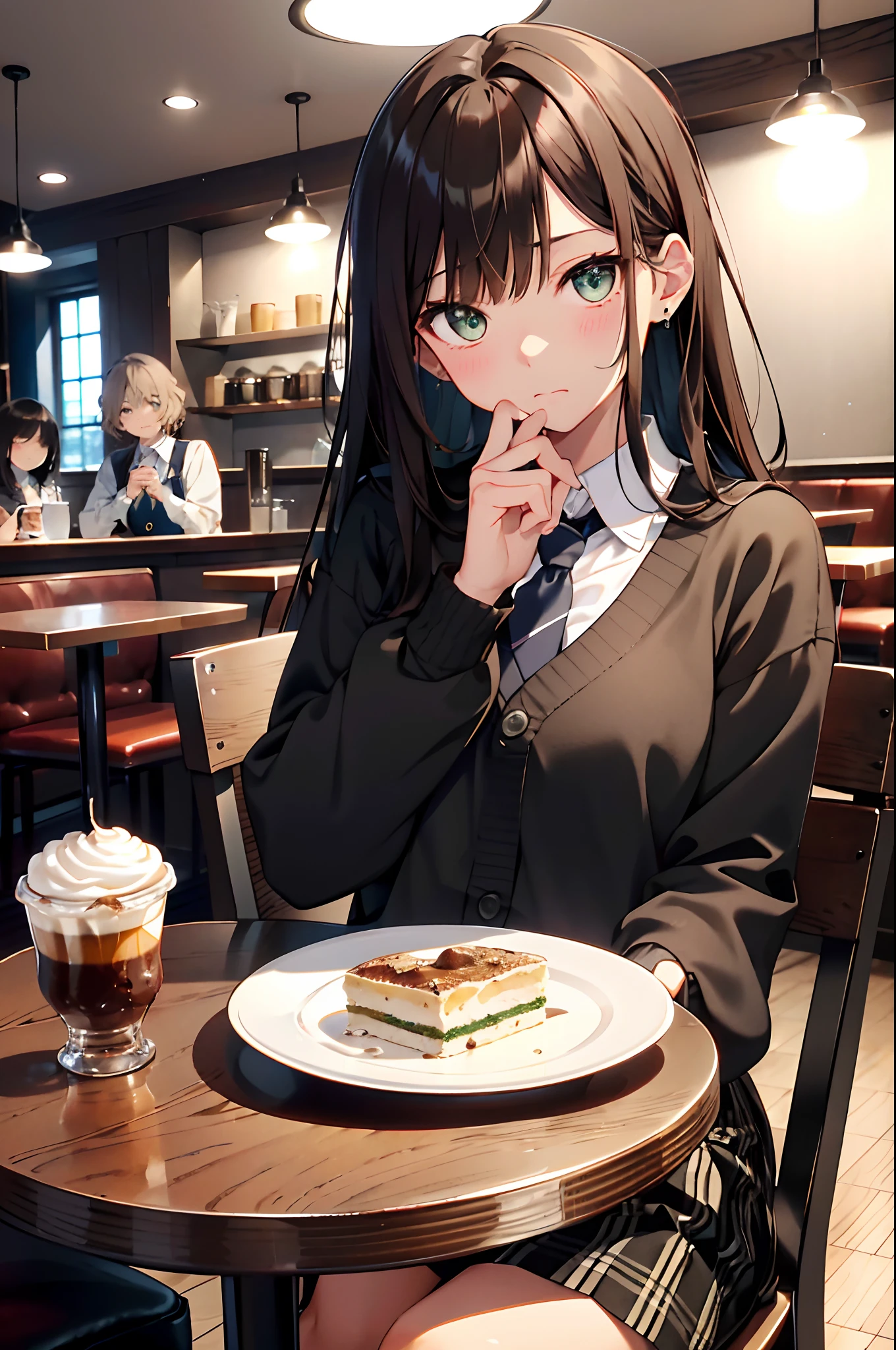 (top-quality、in 8K、32K、masterpiece、nffsw、超A high resolution、Impresionismo、Photorealsitic:1.2)、cowboy shot、foco nítido、detailed faces and eyes、(On the table is a plate of cake and coffee, cafes, sitting on a mocha-colored table, dessert, Miniature Cafe Diorama, diner caffee, in coffee shop, cozy cafe background, enjoying coffee at a coffee shop, sitting in a cafe, shot with sony alpha 1 camera, by Maki Haku)、Sharp pupils、Realistic pupils、beauitful face、18 year old beautiful girl、shinny skin、Medium Short、Beautiful dark brown hair、Blunt bangs、Green-eyed eyes、Shirt、neck tie、Plaid miniskirt、Black socks、Putting your right hand on your cheek、(Embarrassed look:1.2)、Mel Kishida