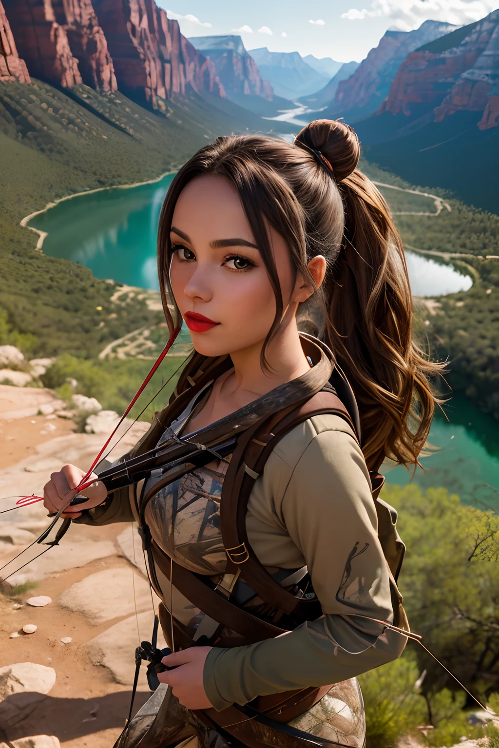 JoSkriver beautiful woman hair portrait photo , Double bun, Hiking trails in Zions National Park, full red lips, (masutepiece) (Best Quality) (Detailed) (8K) (nffsw) (Wallpaper) (Cinematic lighting) (Sharp Focus) (Convoluted) (Carry your hunting gear) (crossbow) (bow and arrow)