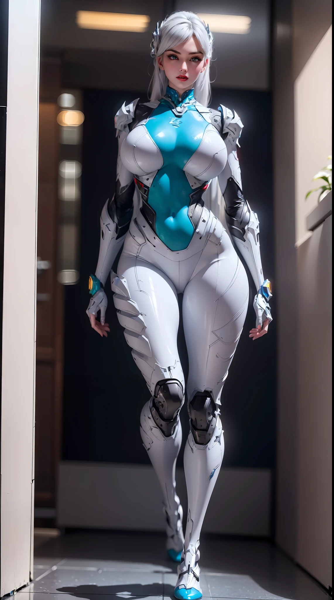 (1GIRL, SOLO:2), (super detailed face), (BIG BUTTOCKS, HUGE FAKE BREASTS:1.5), (CLEAVAGE TOP:1.5), (MUSCLE ABS:1.3), (MECHA GUARD ARMS:1.4), ((PURPLE, NEON LED, GREEN, MECHA OVERWATCH ARMORED, BLACK MECHA SKINTIGHT SUIT PANTS, MECHA GUARD ARMOR LEGS, HIGH HEELS:1.5)), (MUSCULAR FEMALE BODY, VOLUPTUOUS:1.3), (GLOWING SKIN: 0.8), (SEXY LONG LEGS, FULL BODY:1.1), (LOOKING AT VIEWER:1.3), (female focus:0.886), (WALKING DOWN HALLWAY OF FUTURISTIC SPACE STATION:1), (BRIGHT LIGHT WHITEROOM:1.3), SUPER TEXTURE, UNREAL ENGINE RENDER, PHYSICALLY-BASED RENDERING, ULTRA HIGHT DEFINITION, 16K, 1080P.