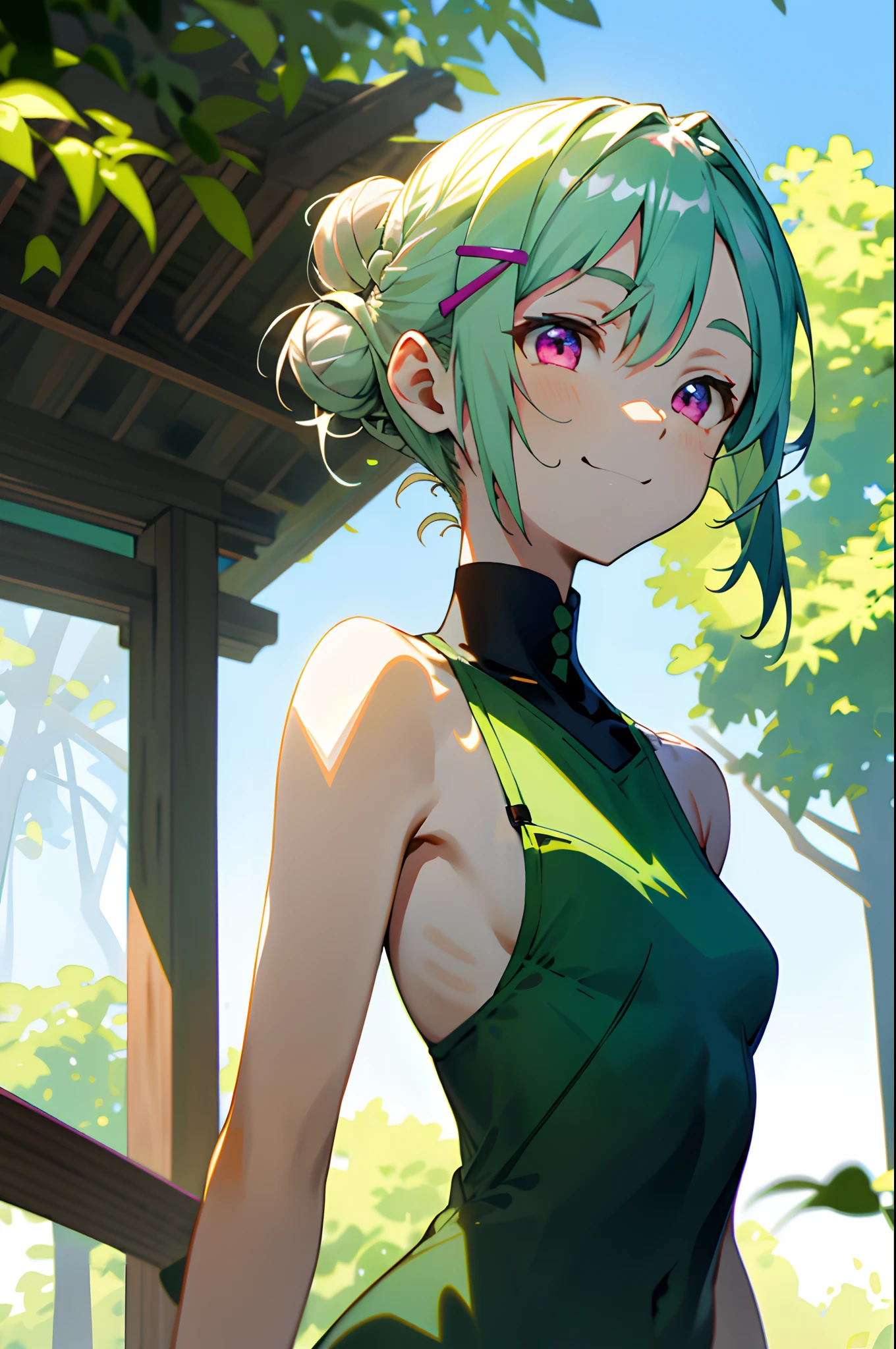 with blue sky and white clouds,Sun shining through the clouds,Irradiate the ground, front look, looking at viewert, A half body, verdant,Wooden Buildings,The background is a large area of green leaves,Gazebo,The tree々,green leafs,17 years old girl、Short hairstyle with silver hair and bob, Hair tied in a bun with a hair clip, Pink eyes, small tits,A slight smil、Laugh,Dynamic Pose,Head slightly lowered,upper body closeup,low-saturation,Bare arms,green colored theme,Surround green leaves