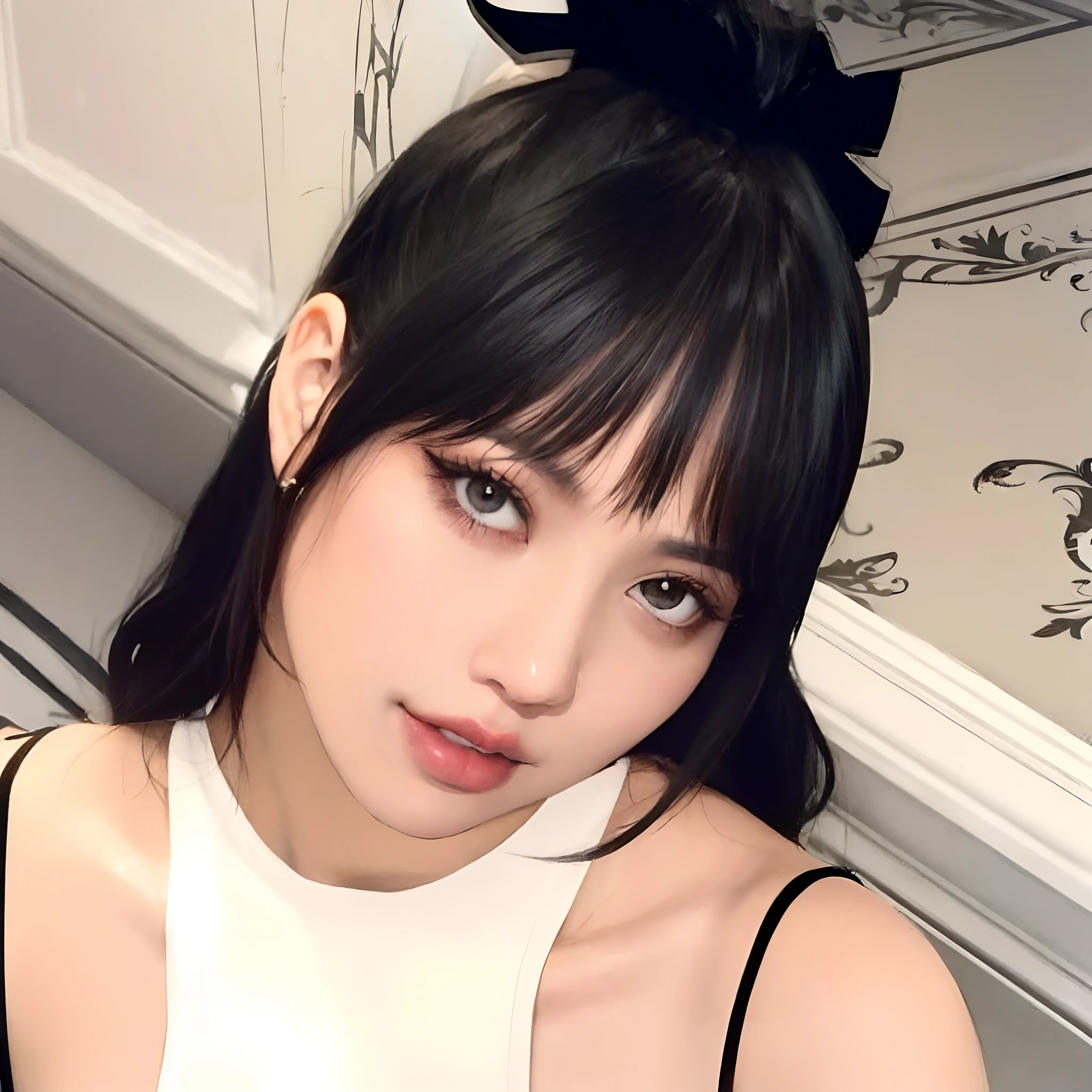 Hay una mujer con un lazo negro en la cabeza, Ella tiene el pelo vinotinto con flequillo, Lalisa Manobal, cabello negro y flequillo blanco, Kiko Mizuhara, con flequillo, Lalisa Manoban de Blackpink, con flequillo completo, Shikamimi, dilraba dilmurat, cabello blackbangs cabello, cabello negro y ojos grandes