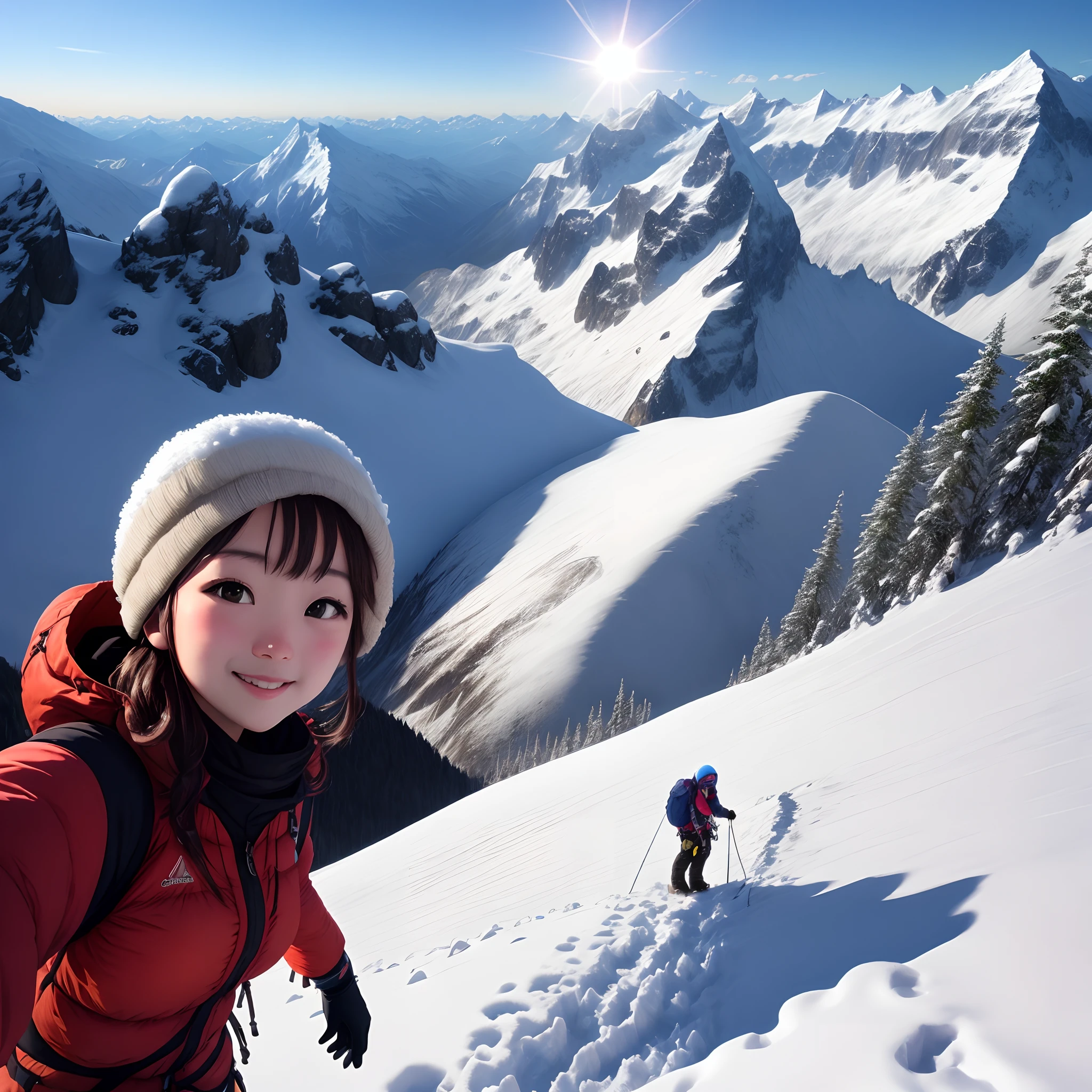 Mountaineering Girls　snow mountains　the morning sun　rialistic photo　jpn　dazzling　selfee