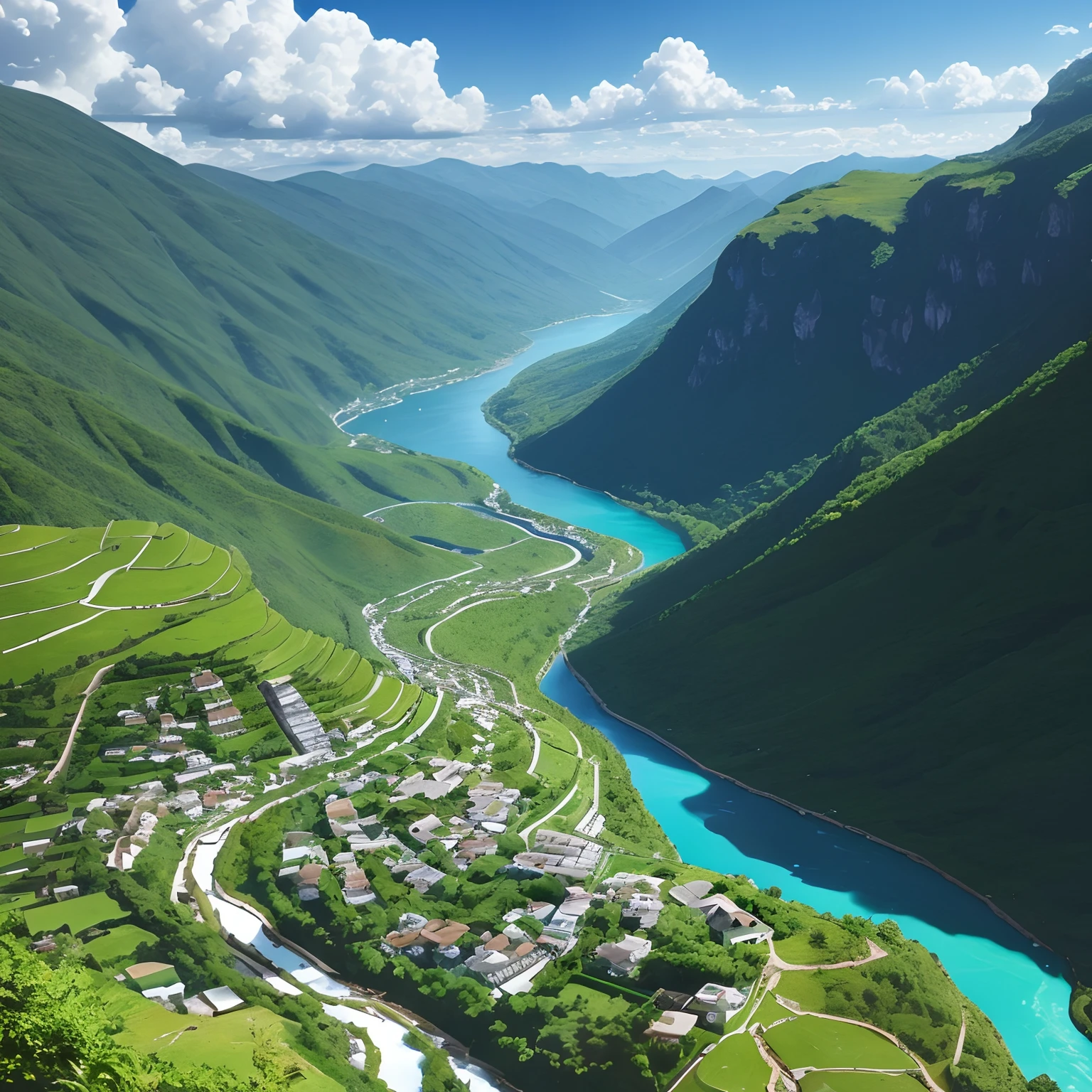 paper art,with blue sky and white clouds,Green Mountains and Green Water,terraced