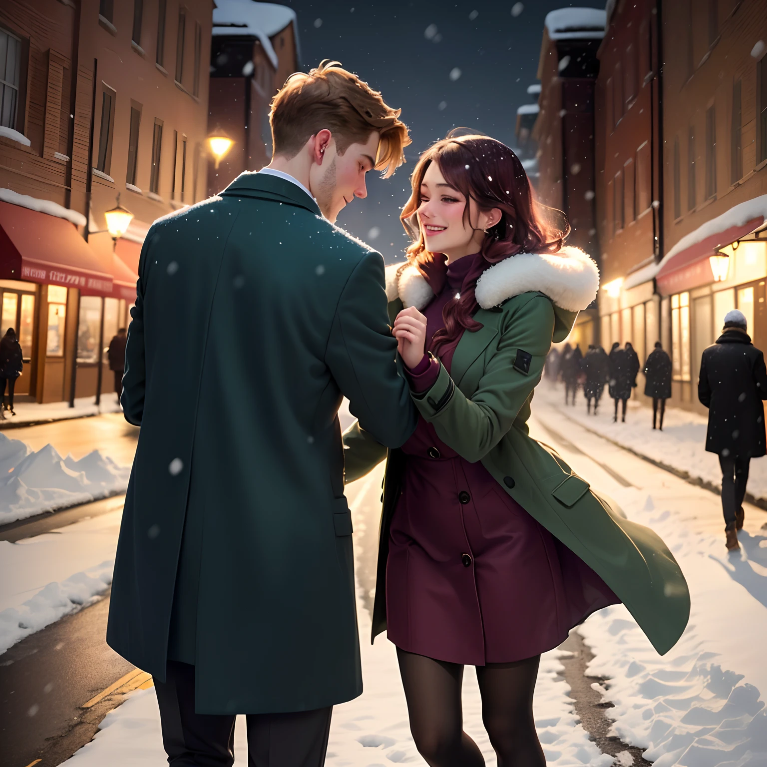 Woman and man standing on a sidewalk. He has just twirled her and is now dipping her. They are embracing together as if they have just finished dancing. It's night time and it's snowing. The man is clean shaven. it's a modern setting, they are wearing modern formal clothes. They both have coats on, his coat is maroon, hers is dark green and long, you can tell that she is wearing a shorter dress underneath and heels.