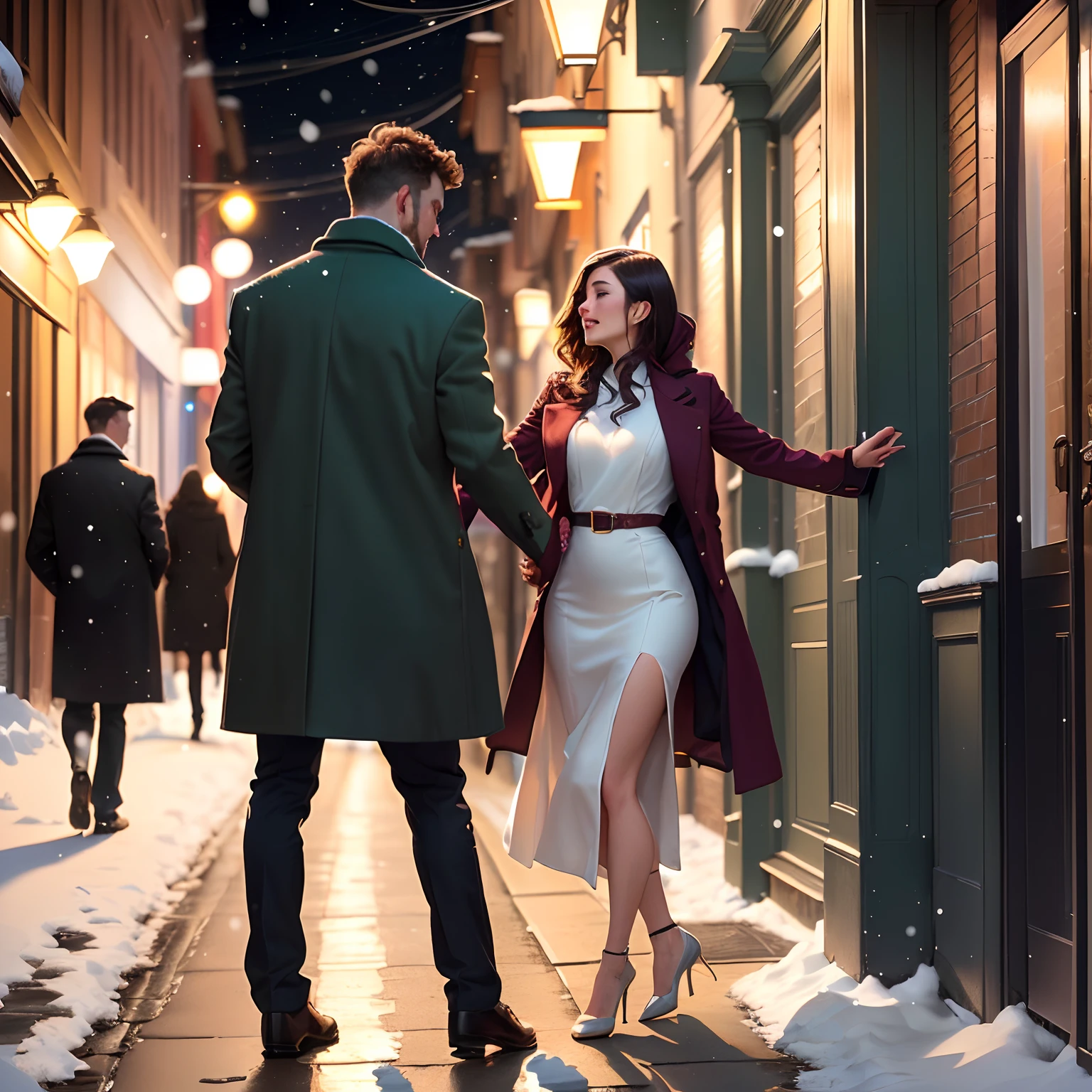 Woman and man standing on a sidewalk. He has just twirled her and is now dipping her. They are embracing together as if they have just finished dancing. It's night time and it's snowing. The man is clean shaven. it's a modern setting, they are wearing modern formal clothes. They both have coats on, his coat is maroon, hers is dark green and long, you can tell that she is wearing a shorter dress underneath and heels.