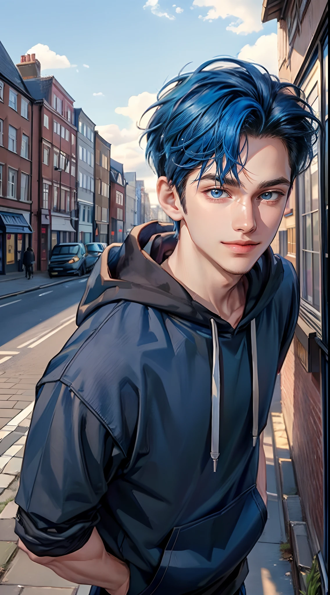 ((4K works))、​masterpiece、(top-quality)、One Beautiful Boy、Slim body、tall、((Attractive street style in black hoodie))、(Detailed beautiful eyes)、Fantastic British cities、Daytime city、((Walking through a city in the UK))、((Daytime bright sky))、((Cities in United Kingdom))、((Shot in UK cities))、mid night、((Short-haired bright blue hair))、((Smaller face))、((White eyes))、((American adult male))、((Adult male 26 years old))、((Cool Men))、((Like a celebrity))、((Smile showing teeth and smiling))、((Korean Makeup))、((elongated and sharp eyes))、((Happy dating))、((boyish))、((Upper body photography))、((Happy dating))、Professional Photos、((Shot alone))、((Shot from diagonally in front))、((Shot in close proximity to him))、((He is walking in front of the viewer))、((Focus zoom in))