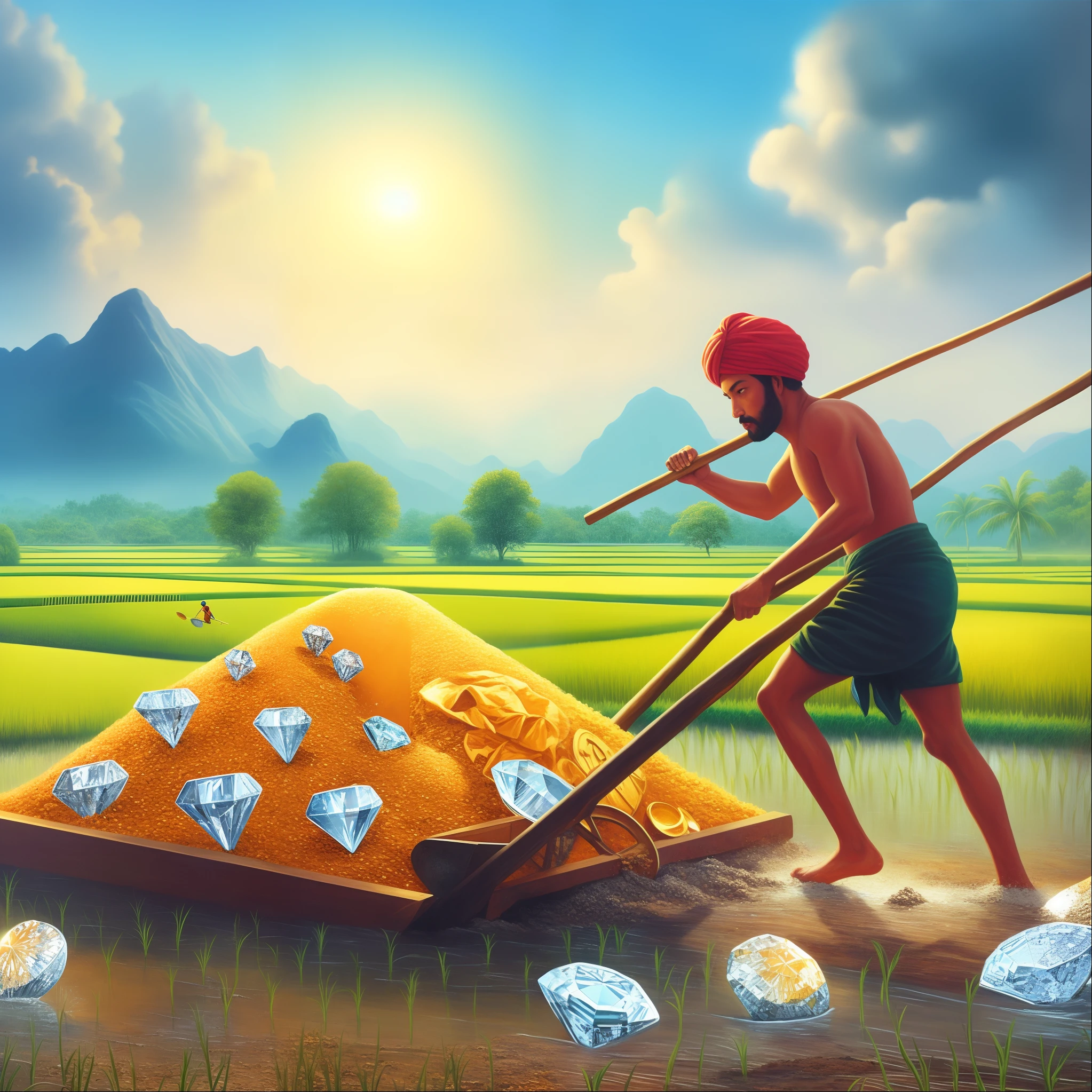 painting of a man with a stick and a shovel working in a rice field, lots of diamonds unearthed, mining, “diamonds, villagers busy farming, gems and diamond for fruit, wallpaper - 1 0 2 4, farmer, background artwork, mobile wallpaper, amazing wallpaper, gold and treasure, contest winning masterpiece, looming over a horde of gold