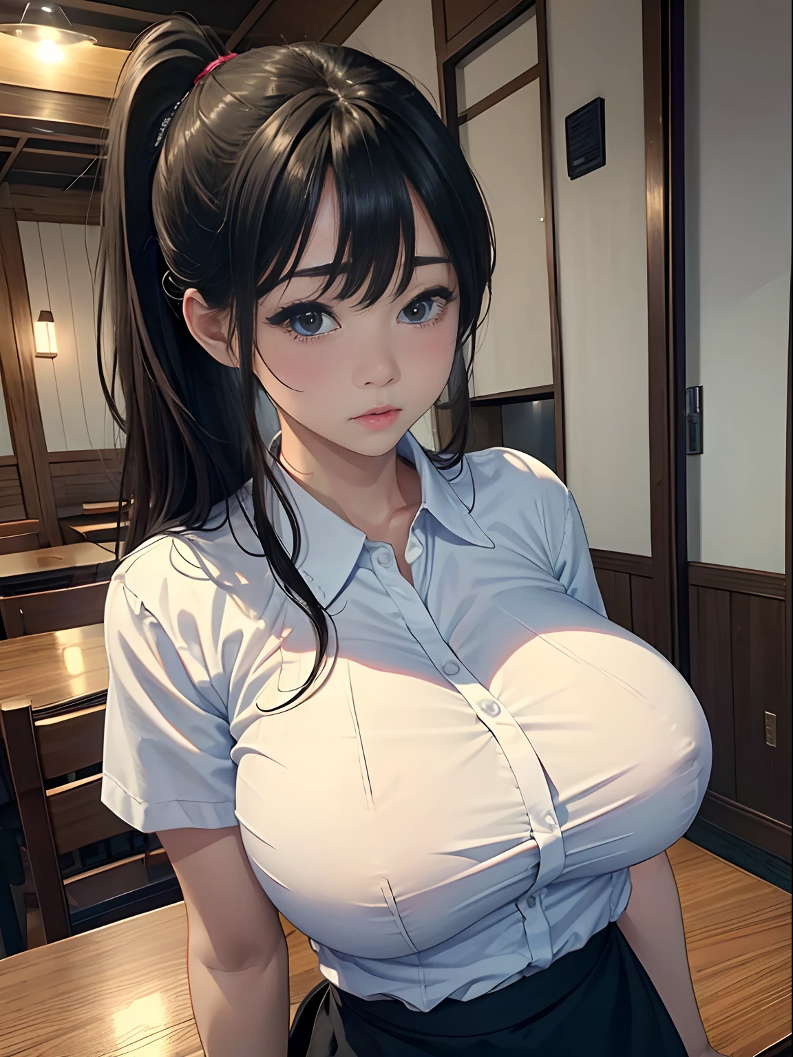 girls(masterpiece:1.4)、(in 8K、realisitic、Raw photo、top-quality:1.4)、(Real Face:1.4)、(real looking skin:1.3)、超A high resolution、A hyper-realistic、beautiful finely detailed eyes、Blonde short ponytail、waitresses、white shirt、no-bra、high detailing、(huge-breasted:1.5)、Blushing、troubled look、gargantilha、inside restaurant