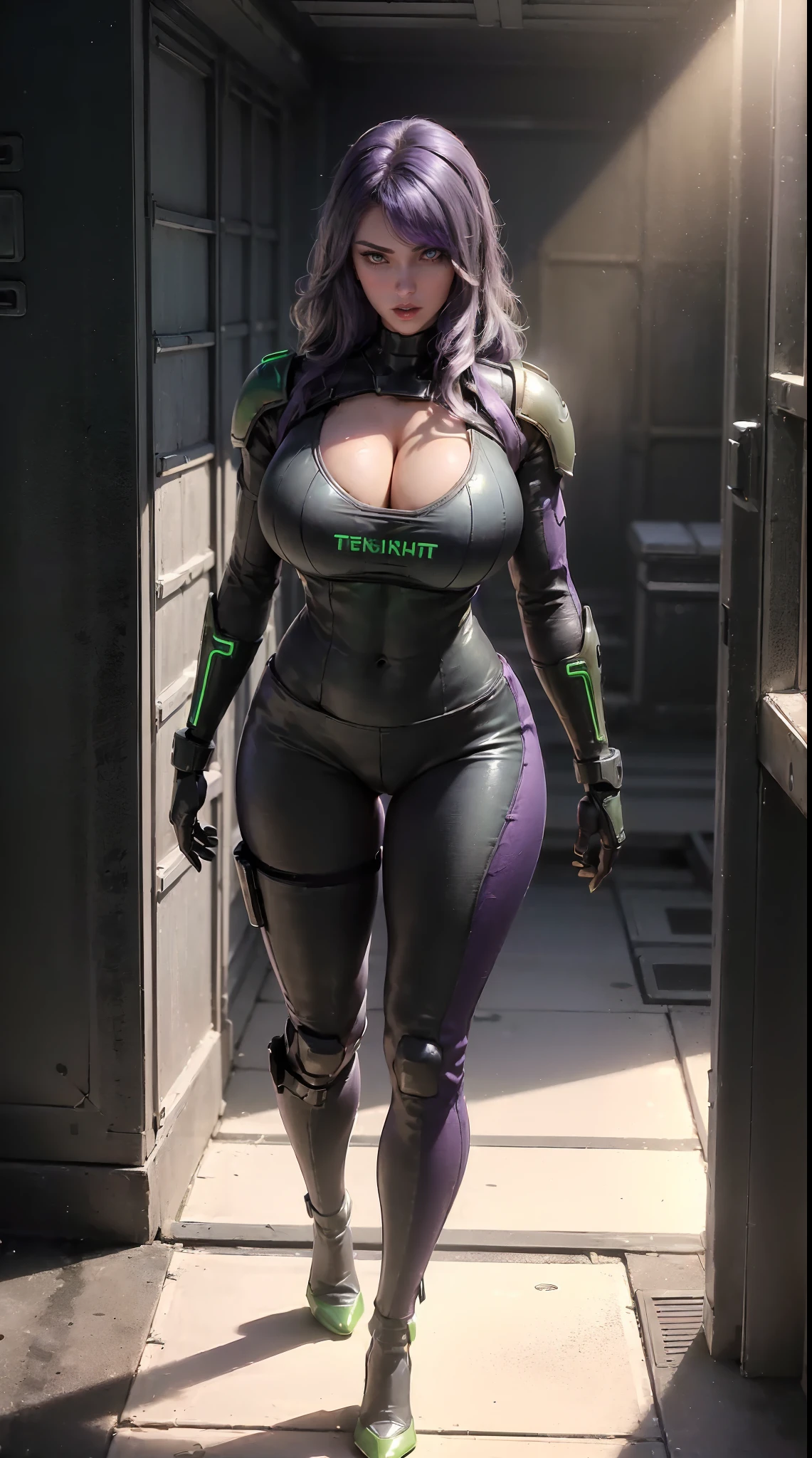(1GIRL, SOLO:2), (super detailed face), (BIG BUTTOCKS, HUGE FAKE BREASTS:1.5), (CLEAVAGE TOP:1.5), (MUSCLE ABS:1.3), (MECHA GUARD ARMS:1.4), ((PURPLE, NEON LED, GREEN MECHA OVERWATCH ARMORED, BLACK MECHA SKINTIGHT SUIT PANTS, MECHA GUARD ARMOR LEGS, HIGH HEELS:1.5)), (MUSCULAR FEMALE BODY, VOLUPTUOUS:1.3), (GLOWING SKIN: 0.8), (SEXY LONG LEGS, FULL BODY:1.1), (LOOKING AT VIEWER:1.3), (female focus:0.886), (WALKING DOWN HALLWAY OF FUTURISTIC SPACE STATION:1), (BRIGHT LIGHT WHITEROOM:1.3), SUPER TEXTURE, UNREAL ENGINE RENDER, PHYSICALLY-BASED RENDERING, ULTRA HIGHT DEFINITION, 16K, 1080P.