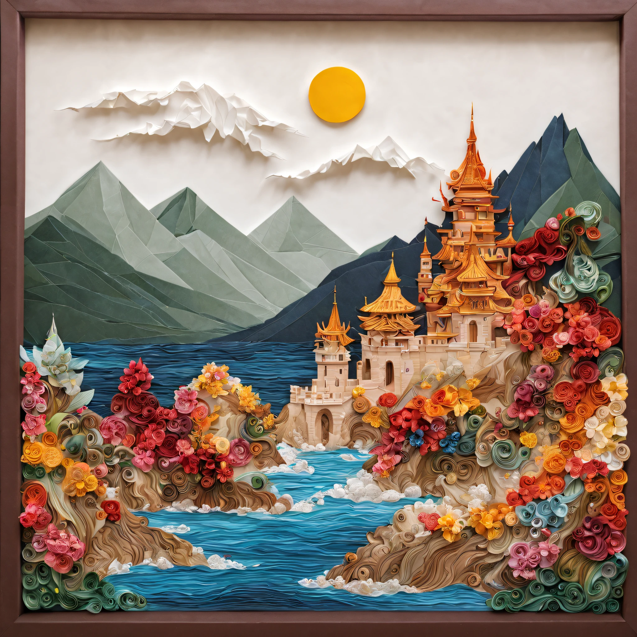yanzhi,paper quilling，[Castle by the sea:5] florals，mountain peaks，the sea，golden moon，Works by Alphonse Mucha， ( Paper art sewing art style:1.5)，vivid color