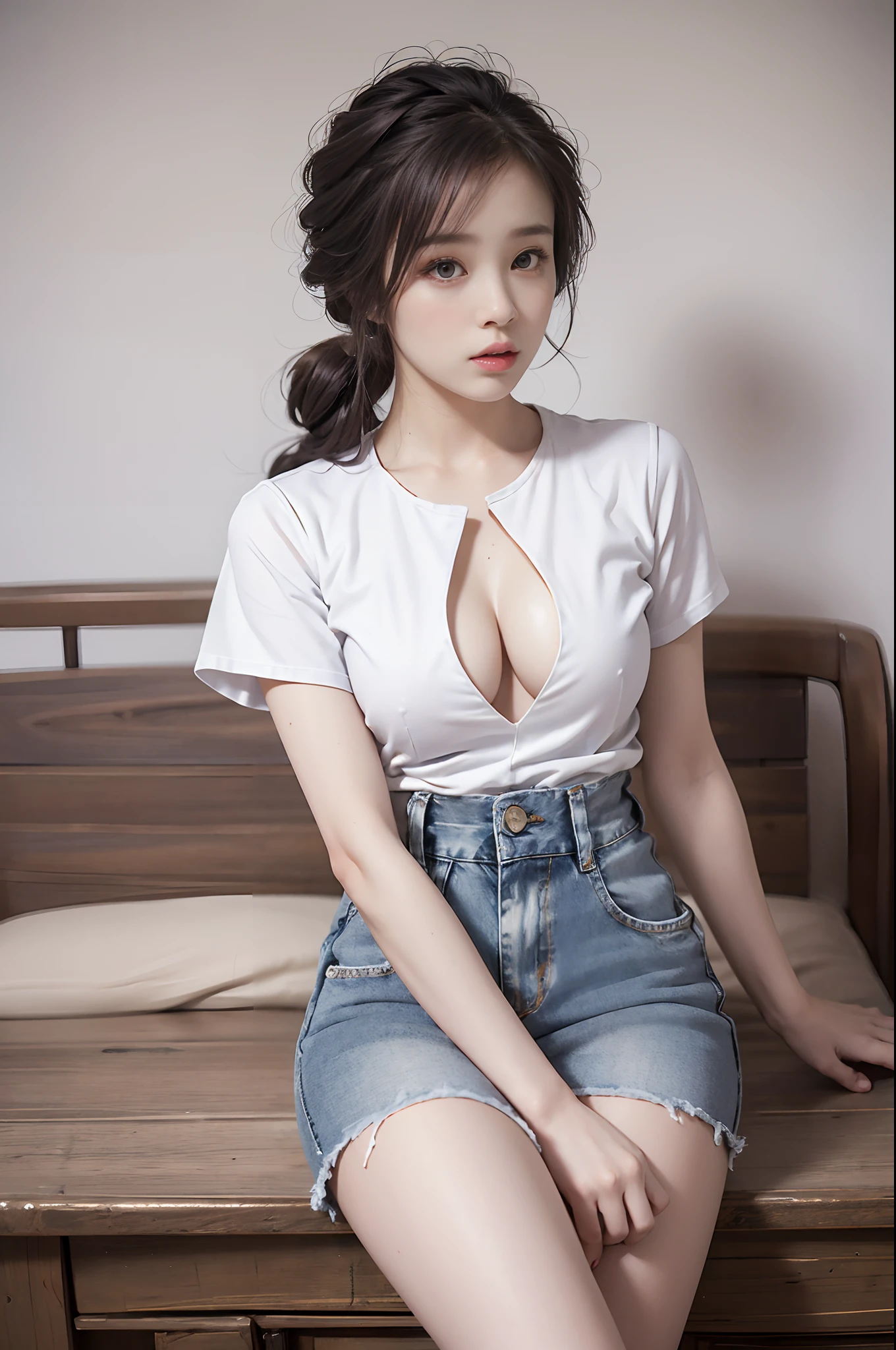 (Masterpiece, Superb work,4K 分辨率, Ultra-realistic:1.3),Girl posing for photo in white bra and tight denim skirt,(A half body:1.2),tee shirt,brassier,Slim body,(medium chest circumference),Slim girl model,24 years old female model,(Have by the sea:1.3),Soft light,Detailed background,Coordinated body proportions,(Denim skirt:1.2),facial closeups,well detailed face,