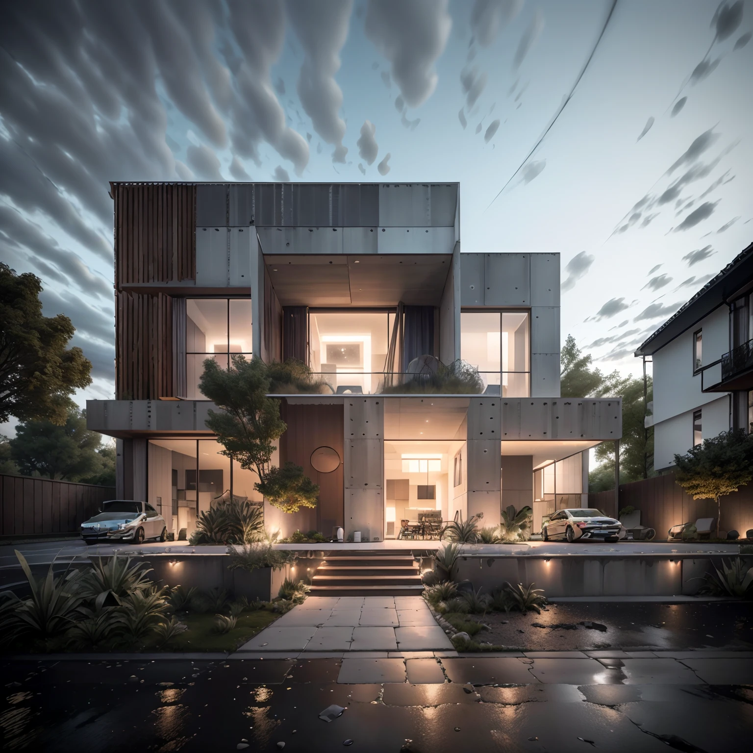 Maison de style Bauhaus , Glass and concrete house with a pitched roof, moderne, dynamique (Photo brute, real, Best Quality 4K 8K, Masterpiece:1.2), (hyper realistic, photo-realistic:1.2), High quality, (dark lighting:1.2), perfect  lighting, archdaily des voitures de luxes au portail