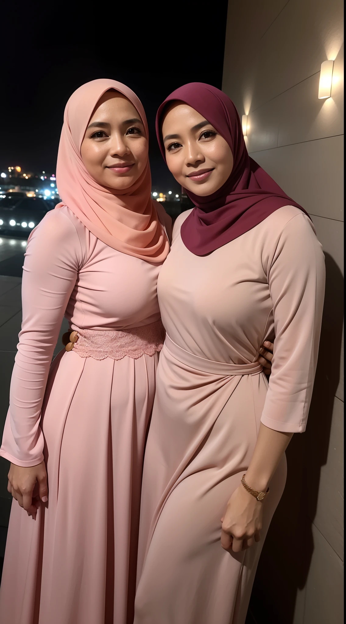 Matured 45 years old malay women standing and laughing, happy, milf, sexy matured women, nighttime dinner, hotel dinner stage ballroom, wearing hijab, pastel color hijab, wear pink princess backless dress, small tits, small breast, flat chest, big round ass, firm ass, wide hips, small waist, thick thighs, bright lighting, ray lighting, high quality, detail face, smoky night, haze, 8k, professional photography,