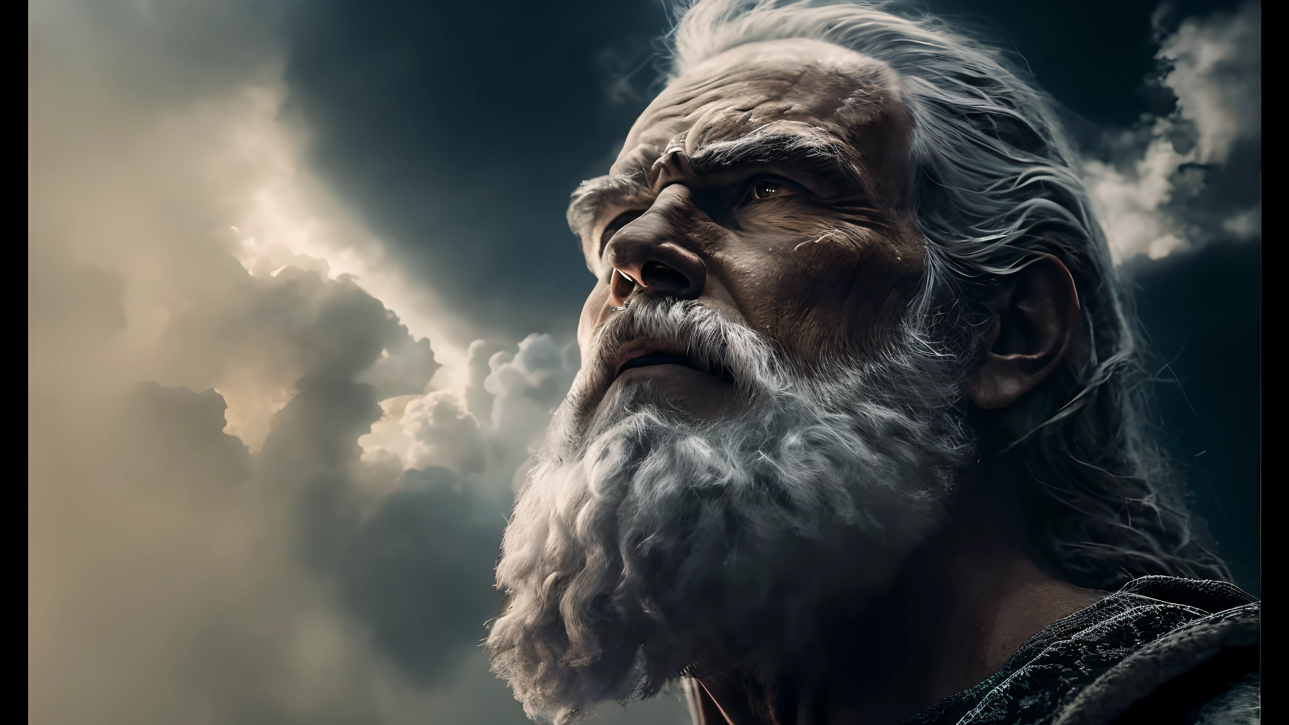 "Retrato altamente realista de um homem com barba densa, lembrando um Zeus furioso. The scene is illuminated by rays of divine light emerging from epic clouds, giving an epic fantasy art feel. The portrayal is dramatic and cinematic, com a qualidade de uma pintura digital detalhada. Inspiration comes from epic cinematic portraiture, com uma abordagem VFX detalhada para melhorar a intensidade da imagem