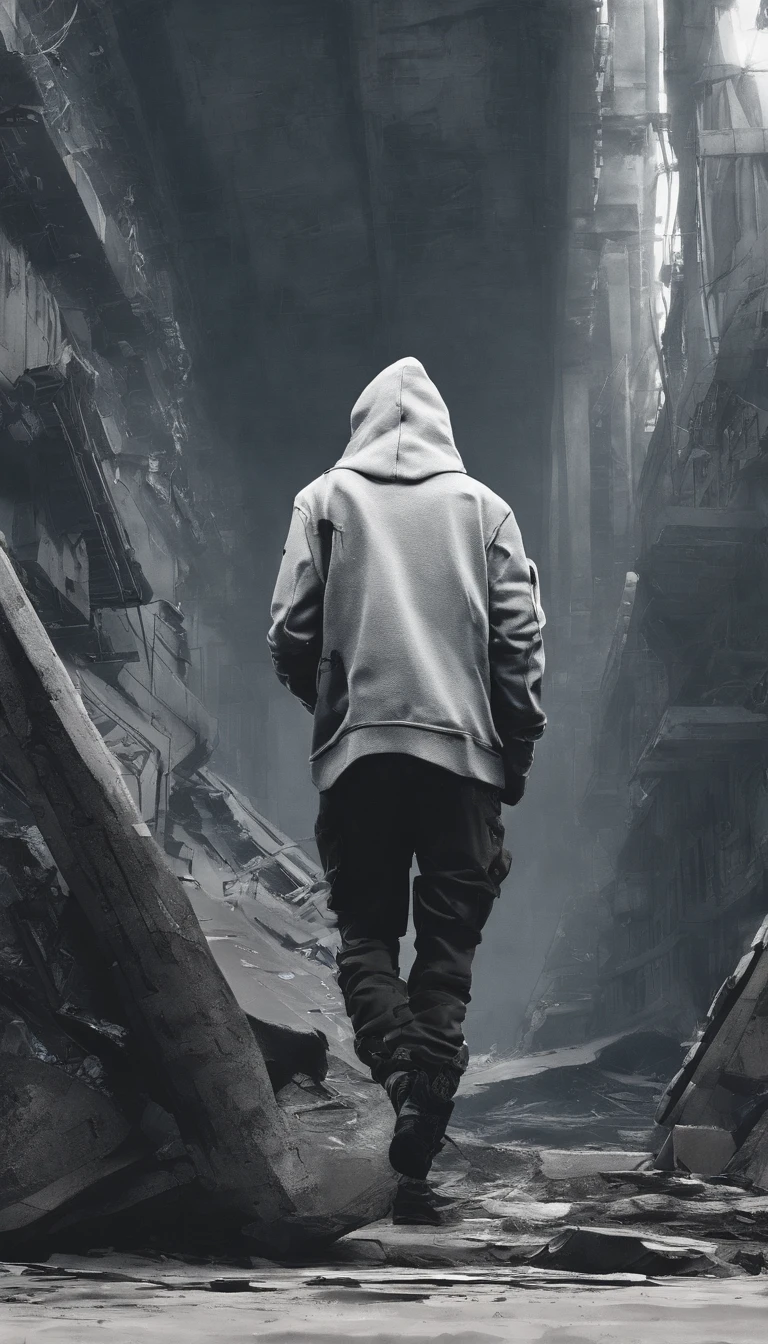 Disappeared so cleanly),(Volumes pile up,Sighed),(Past lives are not much different,Lost myths)), cinematic, tempered fade, boy, hoodie, front of dekstop, back shoot, futuristic