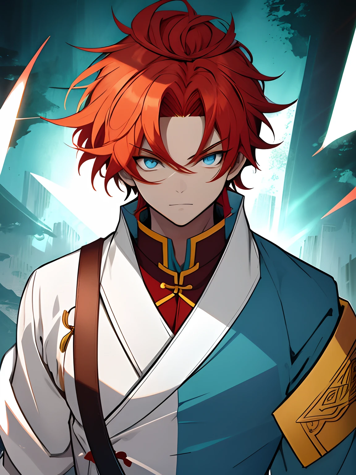 (flat color:0.9),(color:1.1),(master piece:1,2), best quality, master piece, high definition, Original, very detailed wallpaper, viewer's view,,, boy with a spear with yellow rays, short straight hair, red hair, headband, blue eyes, wearing Chinese blue Taoist robe, portrait