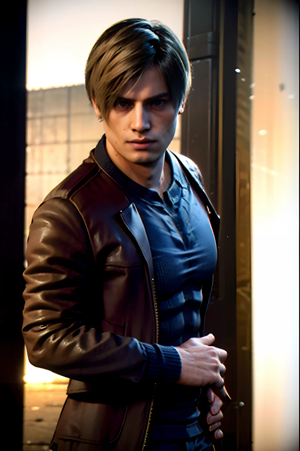 1 boy, cowgirls, Shot by re4leon, Leon S. Kennedy from the movie "Resident Evil 4", naked, without outerwear, without pants, posing diligently, thoughtful face, portrait, face up close, hair curtain, sports car, hyperrealistic, 4K