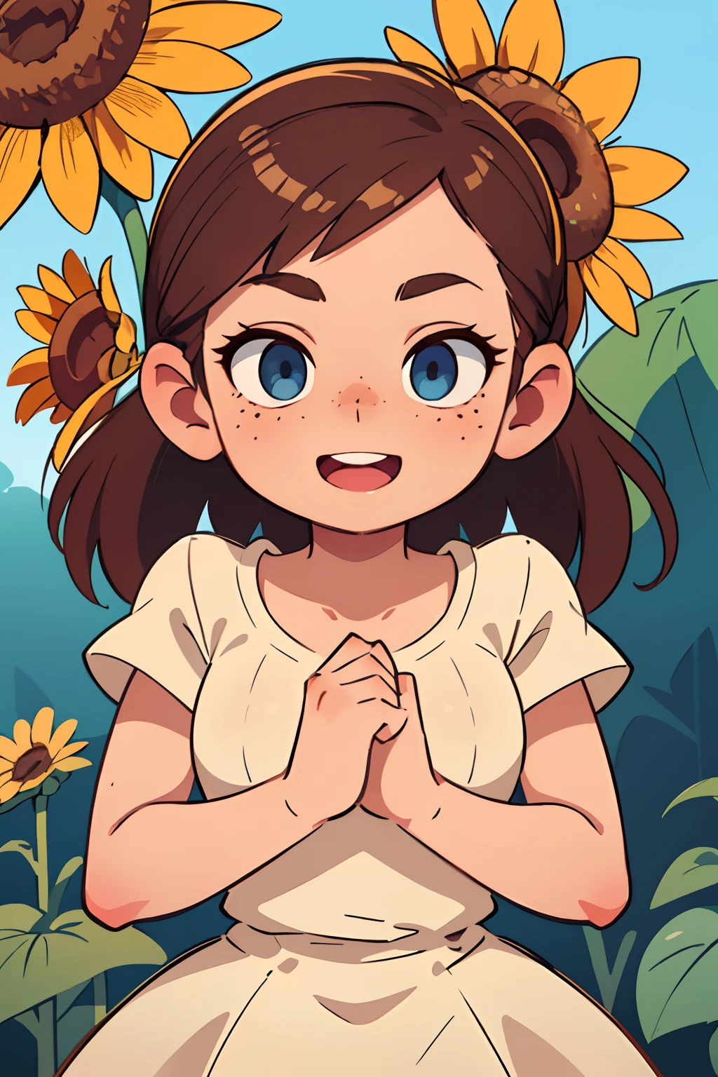 A girl, with brown hair, Blue eyes,white t- shirt,freckles on her face, loves sunflowers, Smiling, standing pose, shout at something,character sheet, different angles,good hands,((masterpiece))), (((best quality))), ((ultra-detailed)), ((highly detailed CG illustration)))), ((extremely delicate and beautiful face)),(masked ), cinematic light