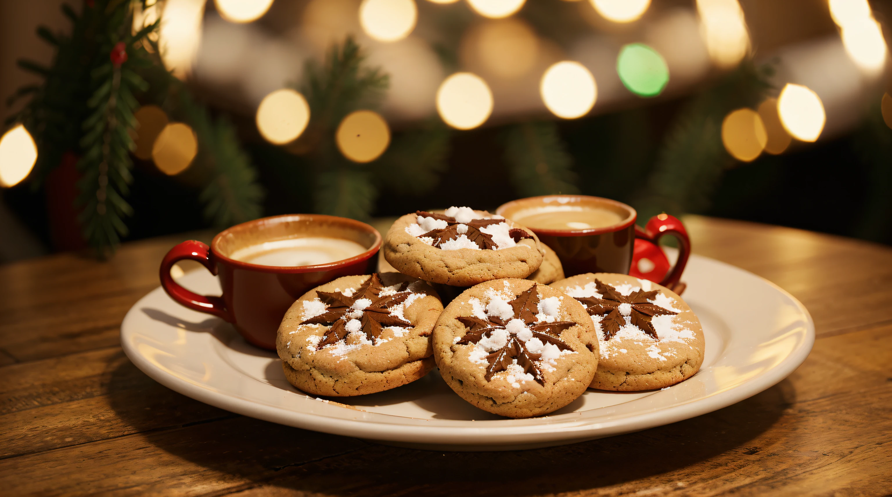 a christmas cookies on a plate with a cup of coffee christmas background, bokeh background, hd, detailed