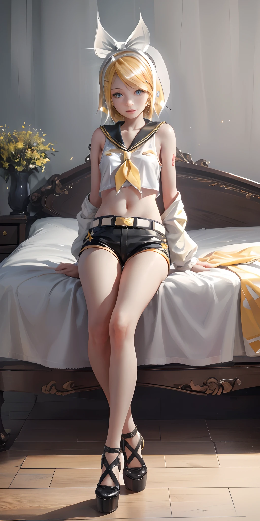 Masterpiece, Top Quality, Illustration, Ultra Detail, High Resolution, Absurdity, One Girl, (Kagamine_Rin:1.5), Vocaloid, Very Cute, (Blonde), Short Hair, (Beautiful Blue Eyes), Lively Eyes, (Bright Eyes), Beautiful Girl, Smiling, [Sailor Suit in White Tone], (Black Shorts: 1.5), Belt, Shoulders Cut, Yellow Neckerchief[White Hair Ribbon], [White Hair Clip], [Headphones], Viewers Love, Heart, Love Love, Light, Delicate Hands, Innocence, (Young: 1.2),  Girl, Girlfriend, Bedroom, Night, Delicate Eyes, Bare Legs, Blue Archive Style,