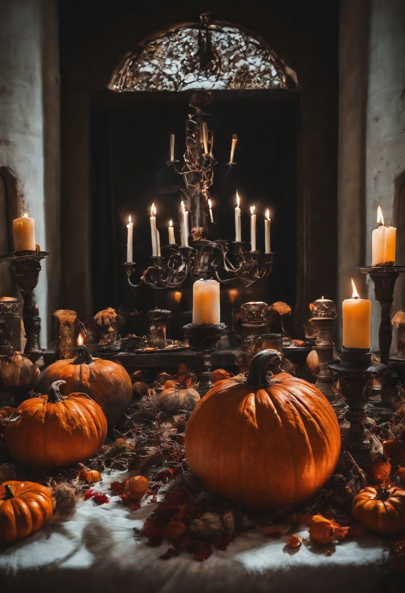 halloween pumpkins, macabre, blood, high quality, realistic, candles around