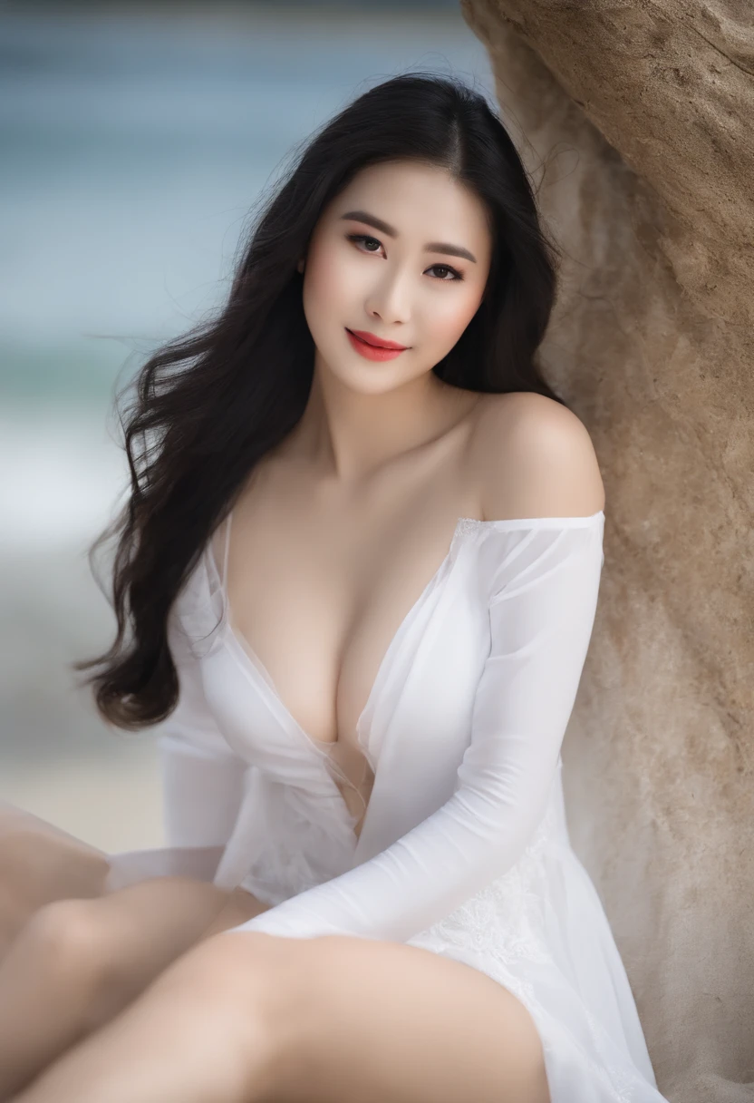 Asian girl,a picture,beachside,with a good figure,Large breasts,cleavage, big assa,black lence stockings,Delicatemakeup,Long straight black hair,Friendly smile,long and flowing hair,Relaxed,Realiy,detail in face,relaxed,vacation,swim wears,