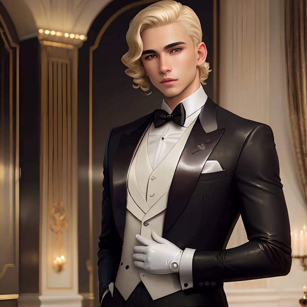 hispanic in tuxedo, platnium blonde hair, no facial hair, short wavy hair, slim body, elegant, secret agent, leather gloves, haughty posture, intese eye contact, youthful appearance, dark brown eyes and brown skin