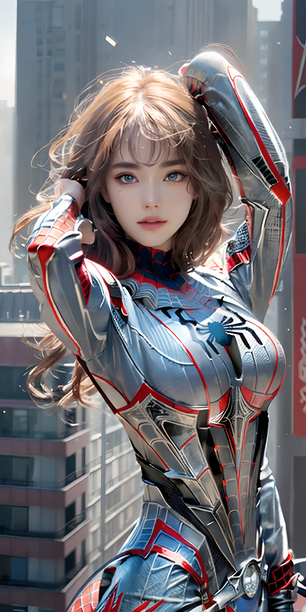 (1 girl:1.3), Alone, (((Very detailed face)))), ((Very detailed eyes and face.)))), beautifuls detalles ojos, body parts__, Official Art, unified 8k wallpaper, super detailed, beautiful and beautiful, beautiful, Masterpiece, Best Quality, Original, Masterpiece, super fine photo, Best Quality, super high resolution, realistic realism, sunlight, Full length portrait, extraordinary beauty, dynamic pose, delicate face, vibrant eyes, (FROM THE FRONT), He wears a Spider-Man suit., red and black color scheme, spider, fondo muy detallado del Ceiling de la ciudad, Ceiling, with city views, detailed face, detailed complex busy background, disordered, gorgeous, milky white, very detailed skin, realistic skin details, visible pores, clear focus, volumetric fog, 8k hd, DSLR, high quality, film grain, White skin, photographic realism, lomography, Futuristic dystopian megalopolis, translucent