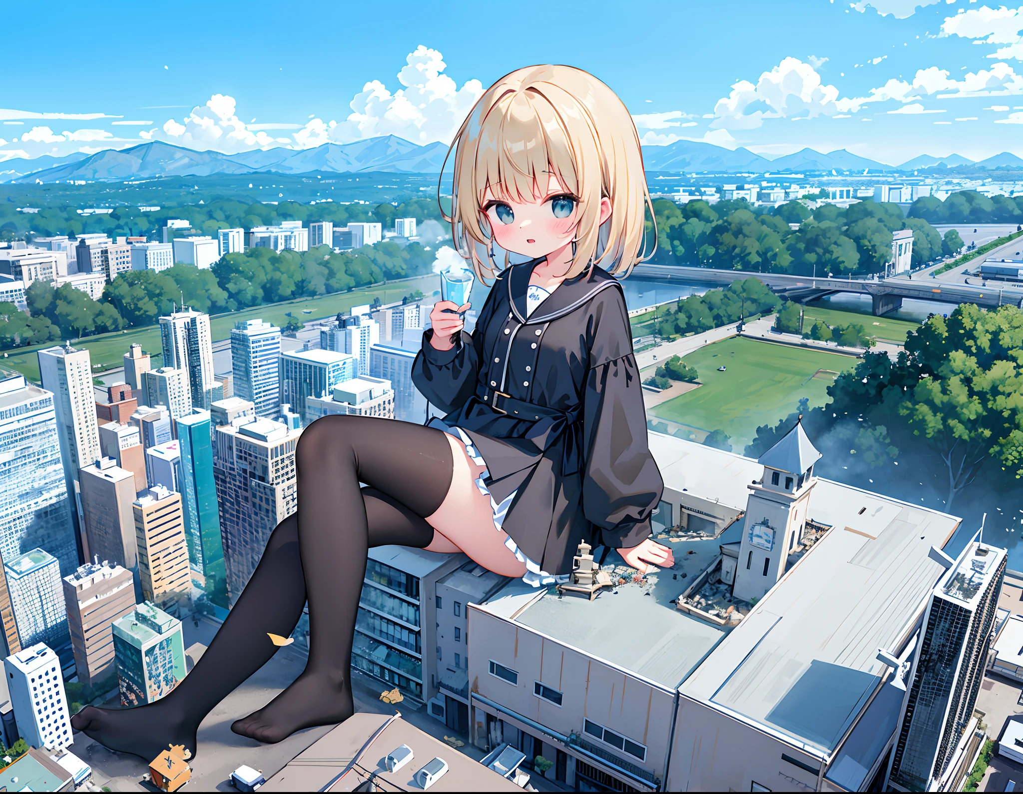 1girll,，Clouds， view over city， mountain ranges， Masterpiece, Best quality, Highly detailed,Masterpiece,Best quality,offcial art,Extremely detailed Cg Unity 8K wallpaper，{{{Giantess}}}，Giant，1girll，{Black stockings}，modern miniature city，A cold expression，Sit on a modern miniature city，Destroyed buildings，looking toward the viewer，The feet emit steam，Smash the city，