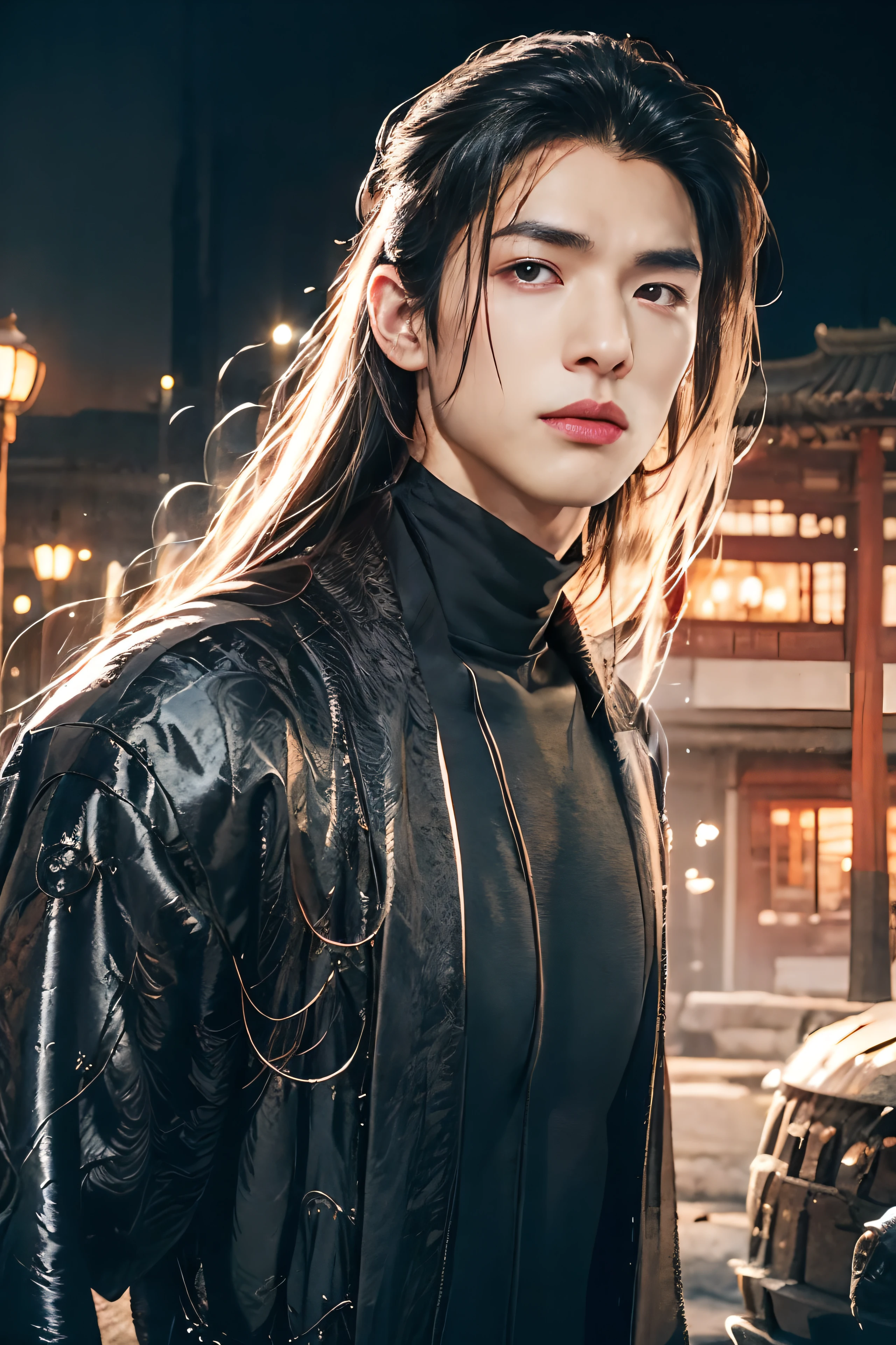 A 21-year-old Asian man,Thick eyebrows,Melon seed face,Handsome face,full body ,The background is an ancient Chinese town,Time is night。Deep blue sky,A full moon,Pavilions and arch bridges,His skin is fair,He is slender,the limbs have pronounced muscle lines,high-definition photography,Real-world scenarios,wearing black clothes, black long pants, black turtleneck shirt, lightning, magic, messy long hair, perfect face, battle action pose, fighting