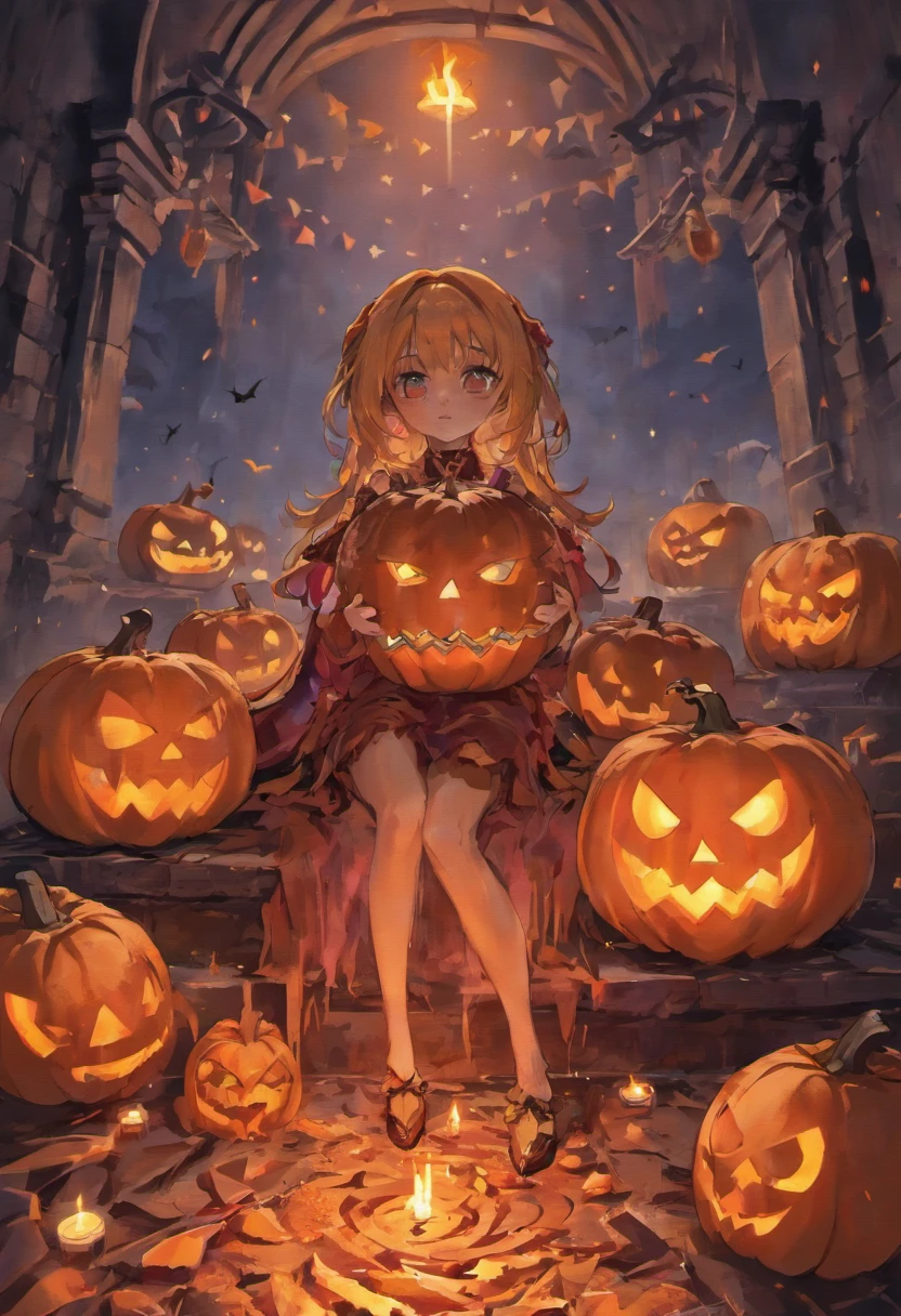 halloween pumpkins, macabre, blood, high quality, realistic, candles around