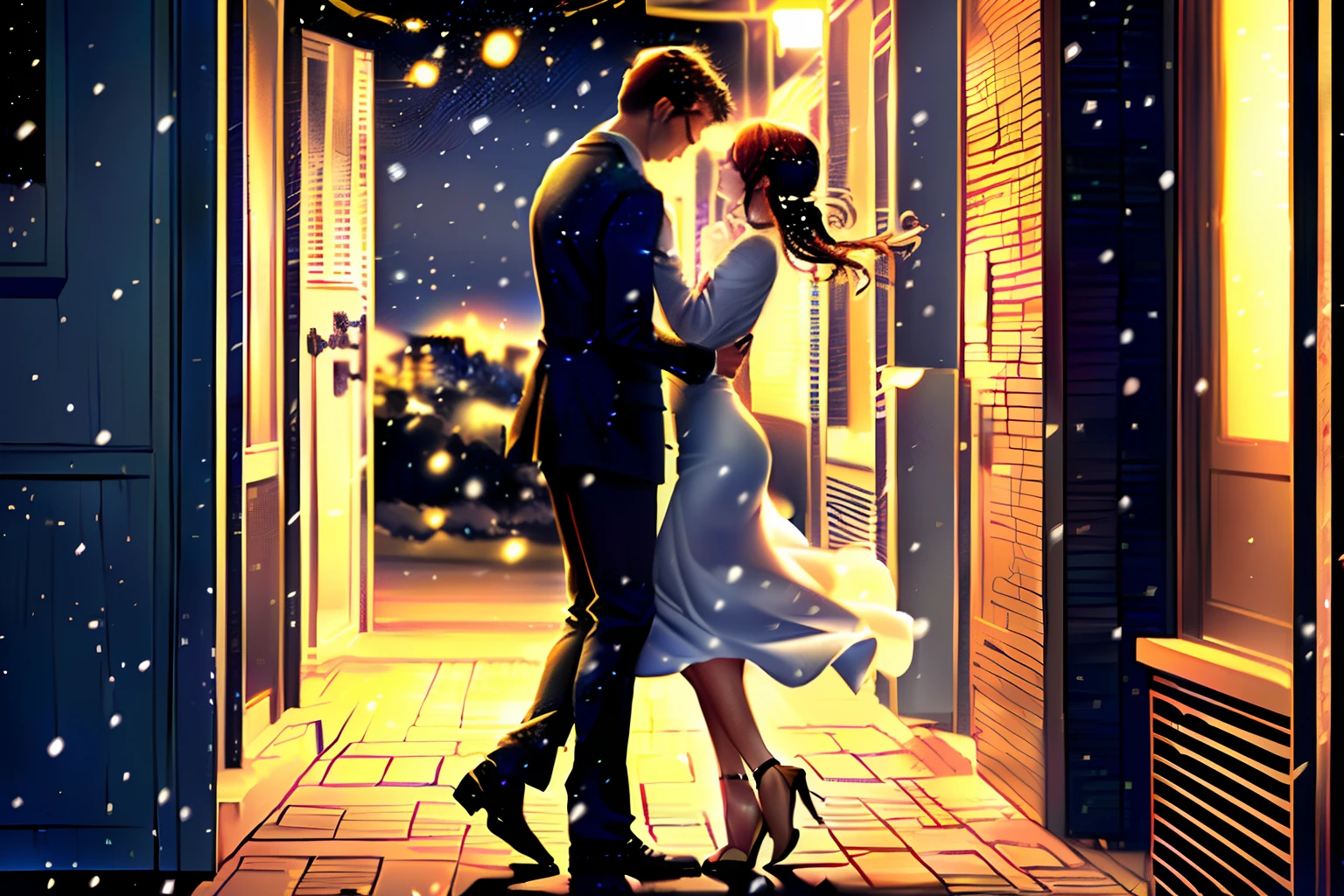 Woman and man standing on a sidewalk. He has just twirled her and is now dipping her. They are embracing together as if they have just finished dancing. It's night time and it's snowing. The man is clean shaven. it's a modern setting, they are wearing modern formal clothes. They both have coats on, his coat is maroon, hers is dark green and long, you can tell that she is wearing a shorter dress underneath and heels. Oil painting style.