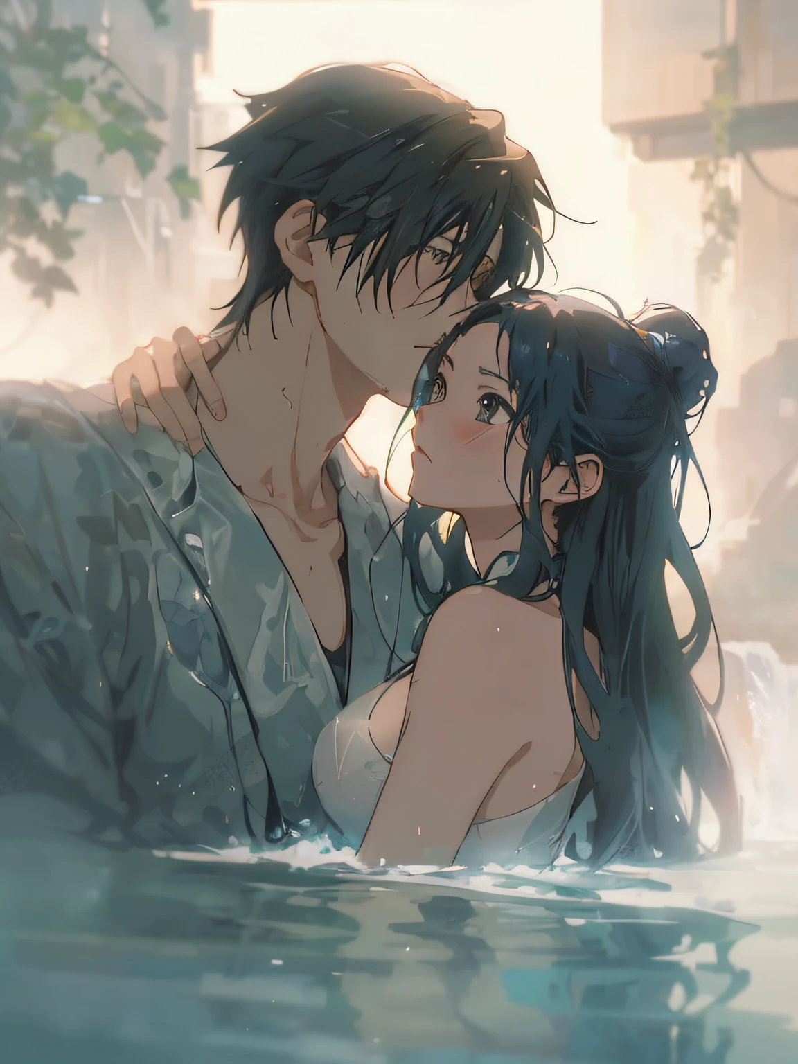 Anime couple in water with waterfall in background, Guviz-style artwork, Makoto Shinkai and Artgerm, Guweiz e Makoto Shinkai, sakimichan and makoto shinkai, by Yang J, Guviz, Ross Tran e Makoto Shinkai, kissing together cutely, Anime Pictures, Beautiful anime