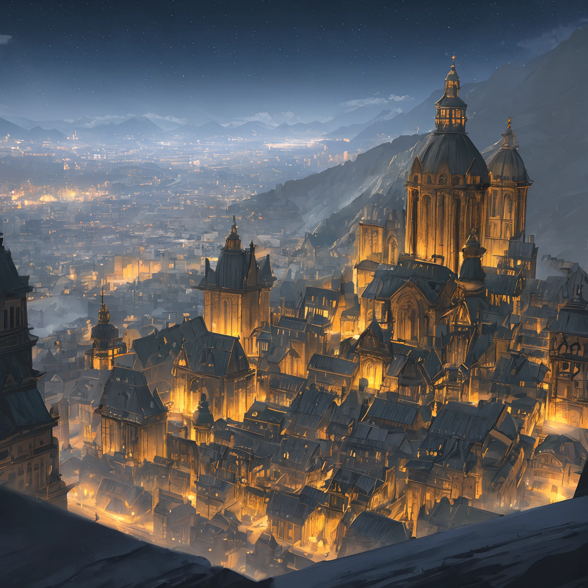 City amongst mountains nighttime (well lit) (old) realism, 4K, landscape, grim